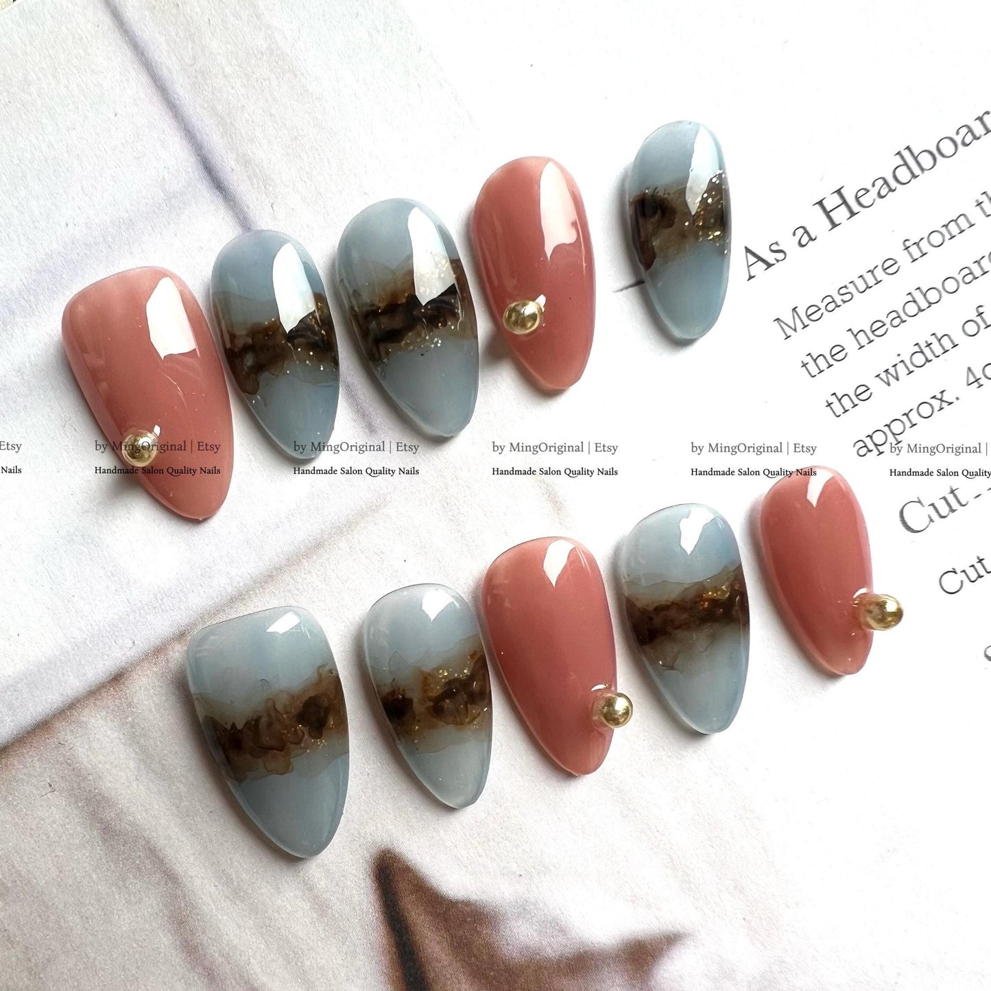 Dusty Blue and Terracotta Press On Nails, Abstract Smoky Gold Foil Accent, Modern Handmade Fake Nails, MO772