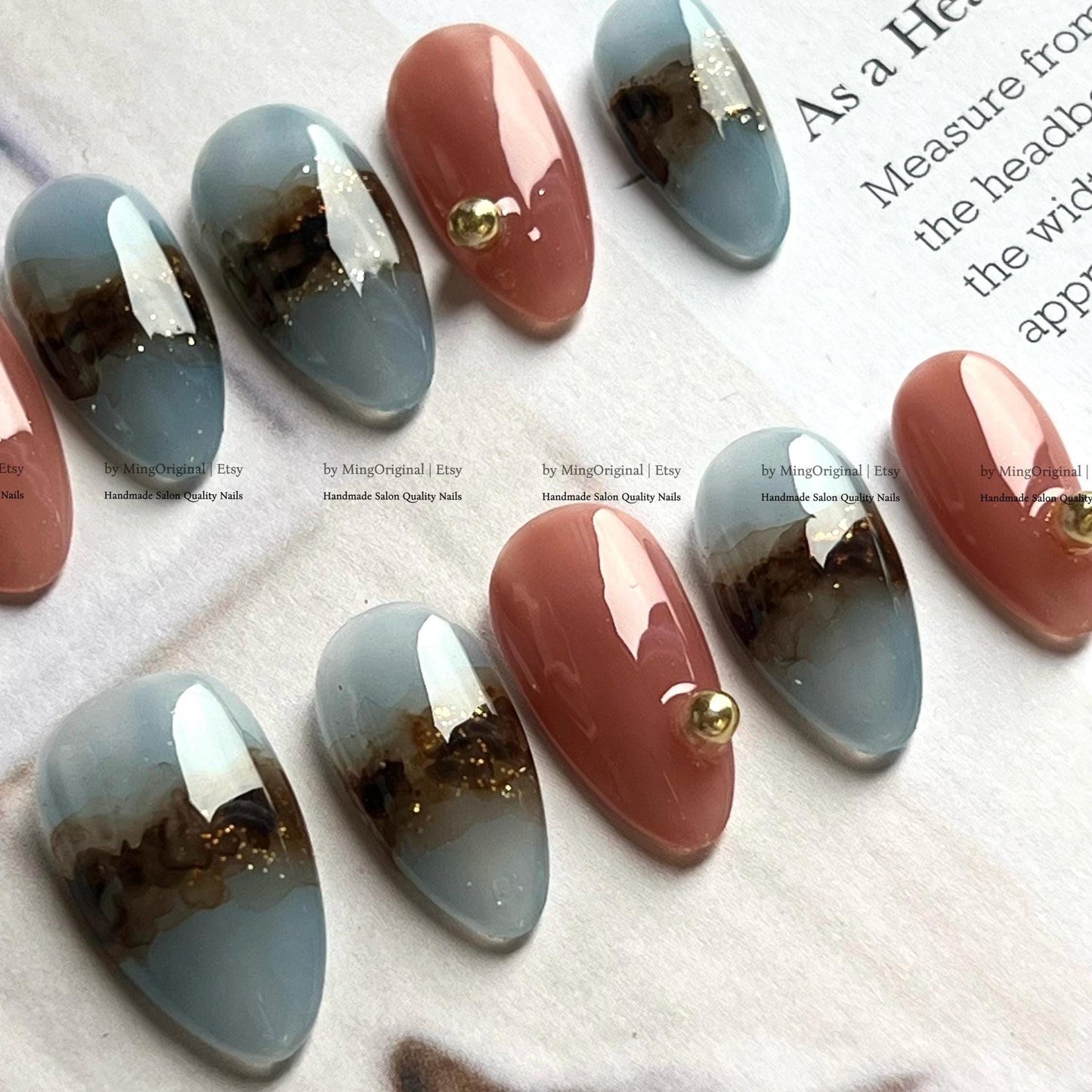 Dusty Blue and Terracotta Press On Nails, Abstract Smoky Gold Foil Accent, Modern Handmade Fake Nails, MO772
