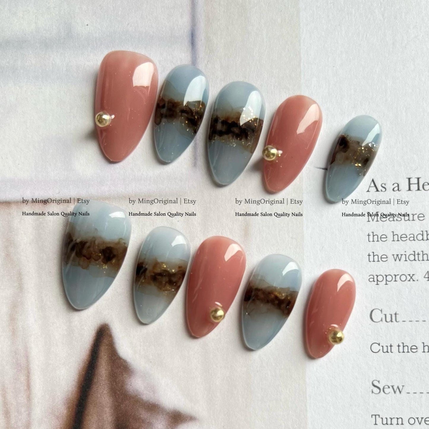 Dusty Blue and Terracotta Press On Nails, Abstract Smoky Gold Foil Accent, Modern Handmade Fake Nails, MO772