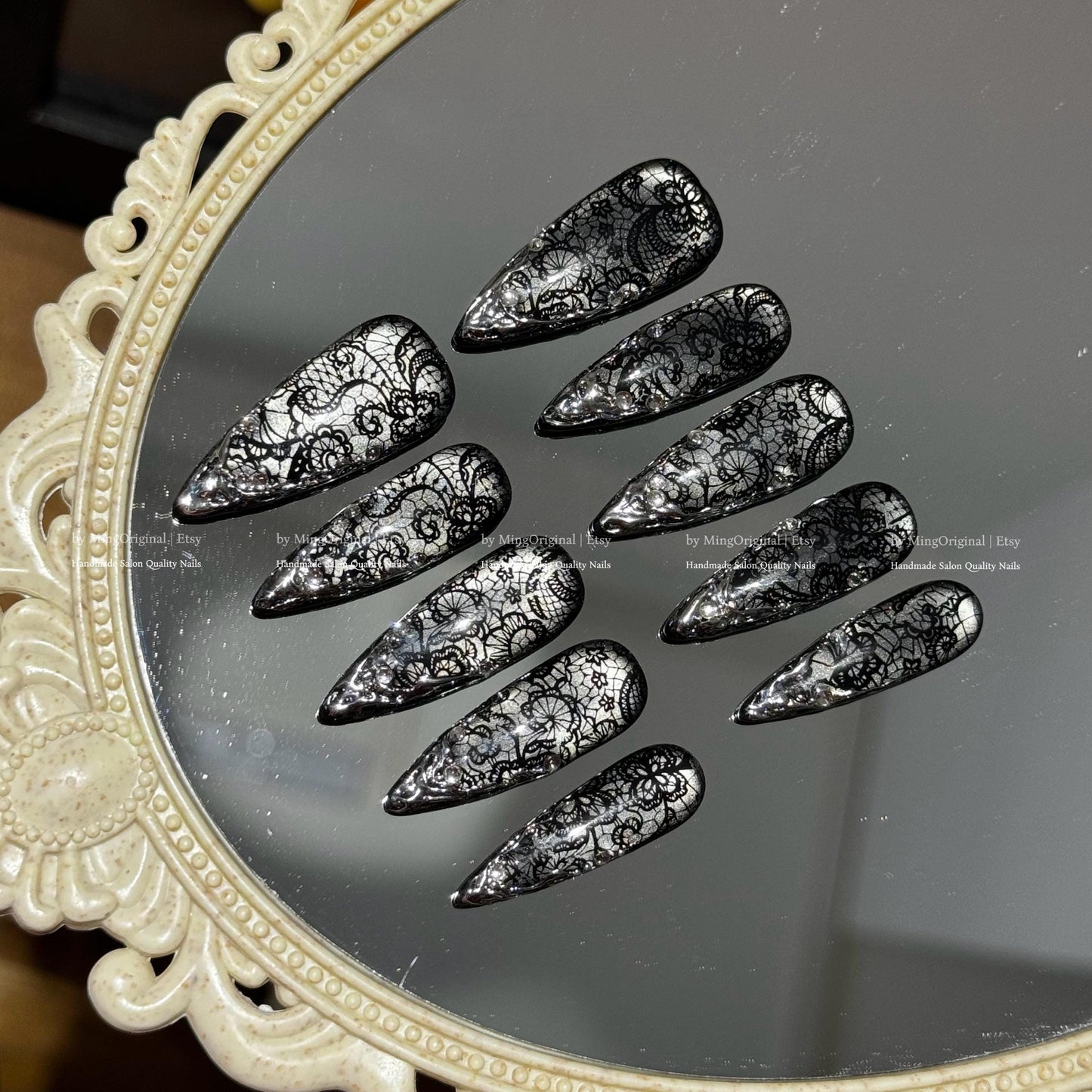 Black lace flower french tip press on nail, silver chrome and cat eye wedding nail, reusable nail, MO797