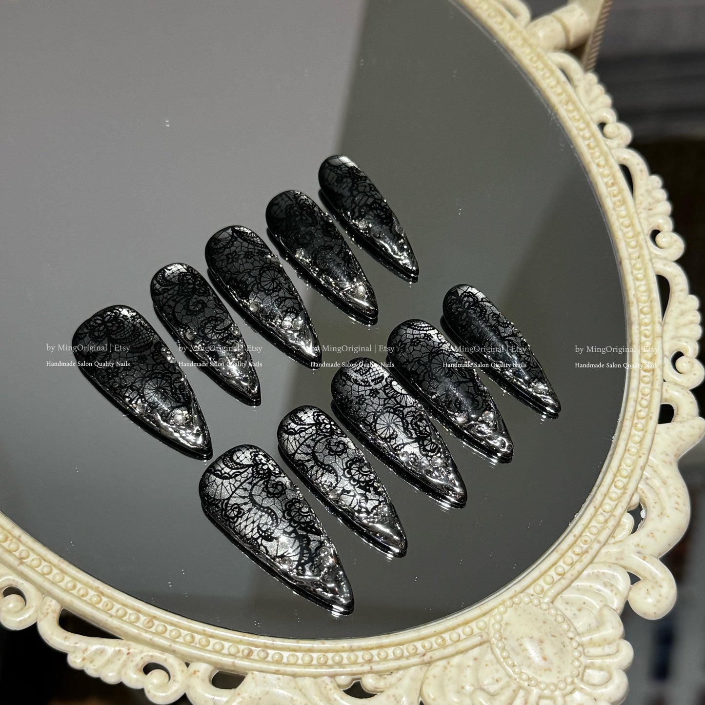 Black lace flower french tip press on nail, silver chrome and cat eye wedding nail, reusable nail, MO797