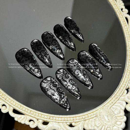 Black lace flower french tip press on nail, silver chrome and cat eye wedding nail, reusable nail, MO797