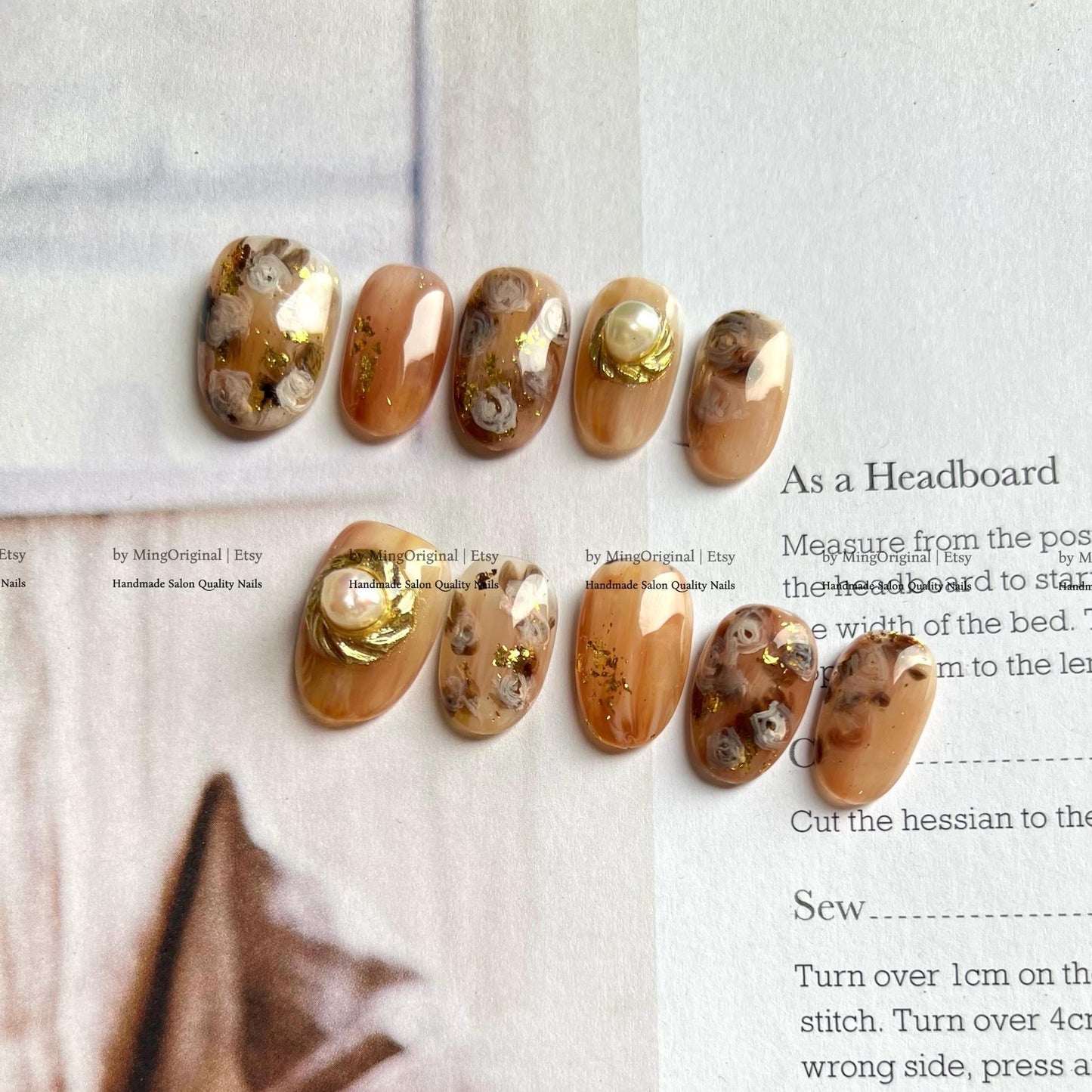 Vintage Rose Bouquet Press On Nails, Luxurious Pearl And Gold Foil, MO774