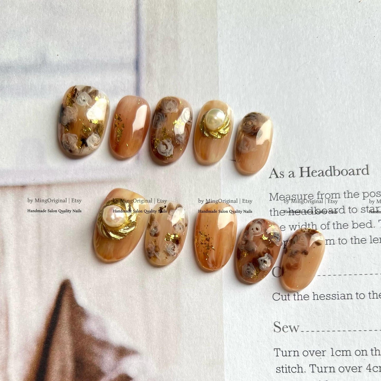 Vintage Rose Bouquet Press On Nails, Luxurious Pearl And Gold Foil, MO774