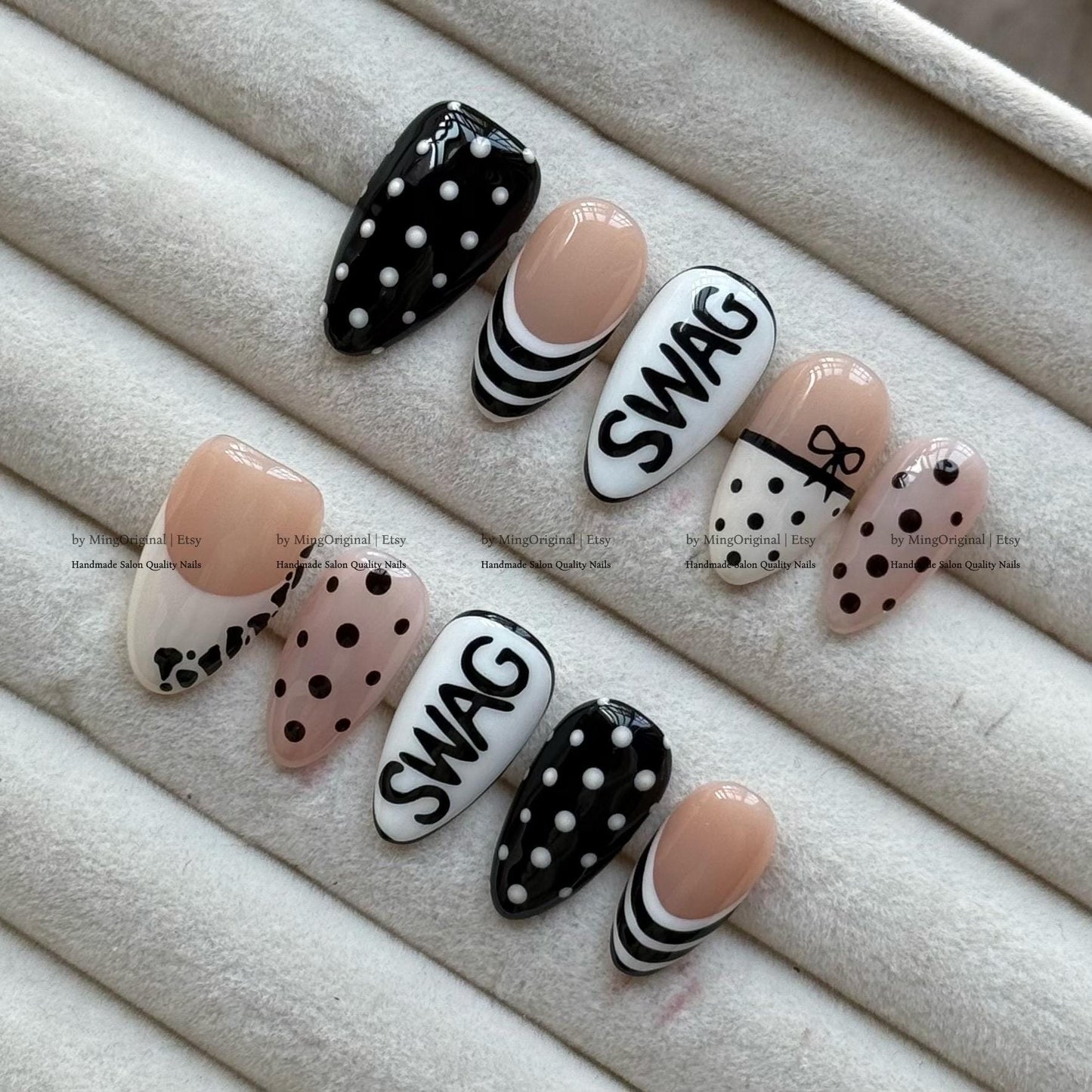 Y2K Retro SWAG Nails, Black White Polka Dot, Stripe, & French Tip Almond Press-On Nail Set, Animal print, MO798