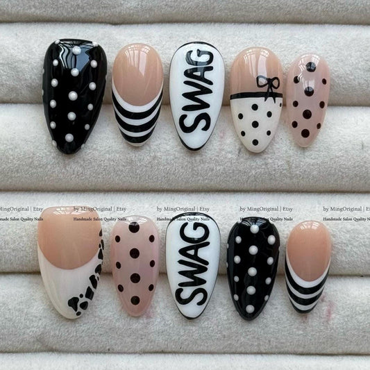 Y2K Retro SWAG Nails, Black White Polka Dot, Stripe, & French Tip Almond Press-On Nail Set, Animal print, MO798