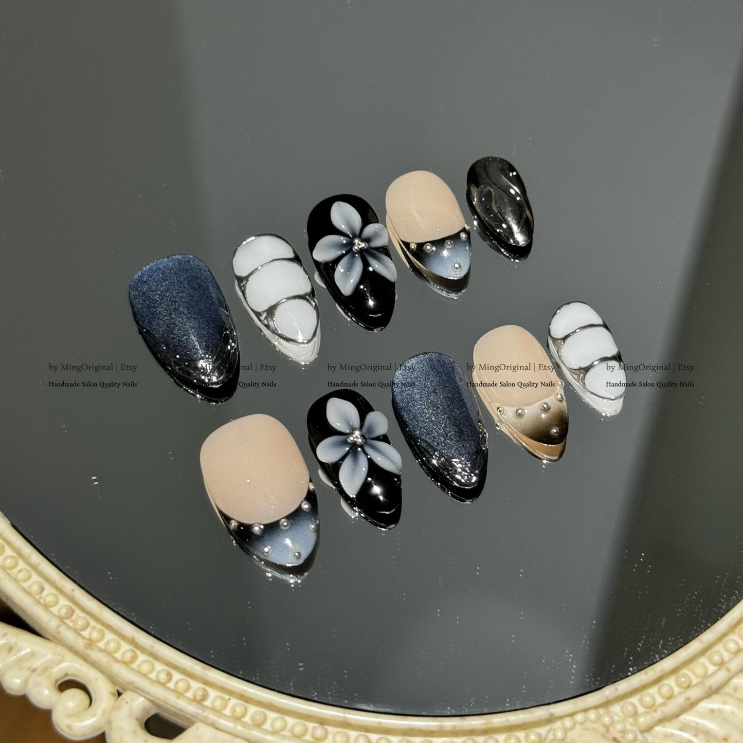 Luxury 3D White Flower Press-On Nails, Blue Cat Eye, Black White Ombre, Reusable Nails, MO799