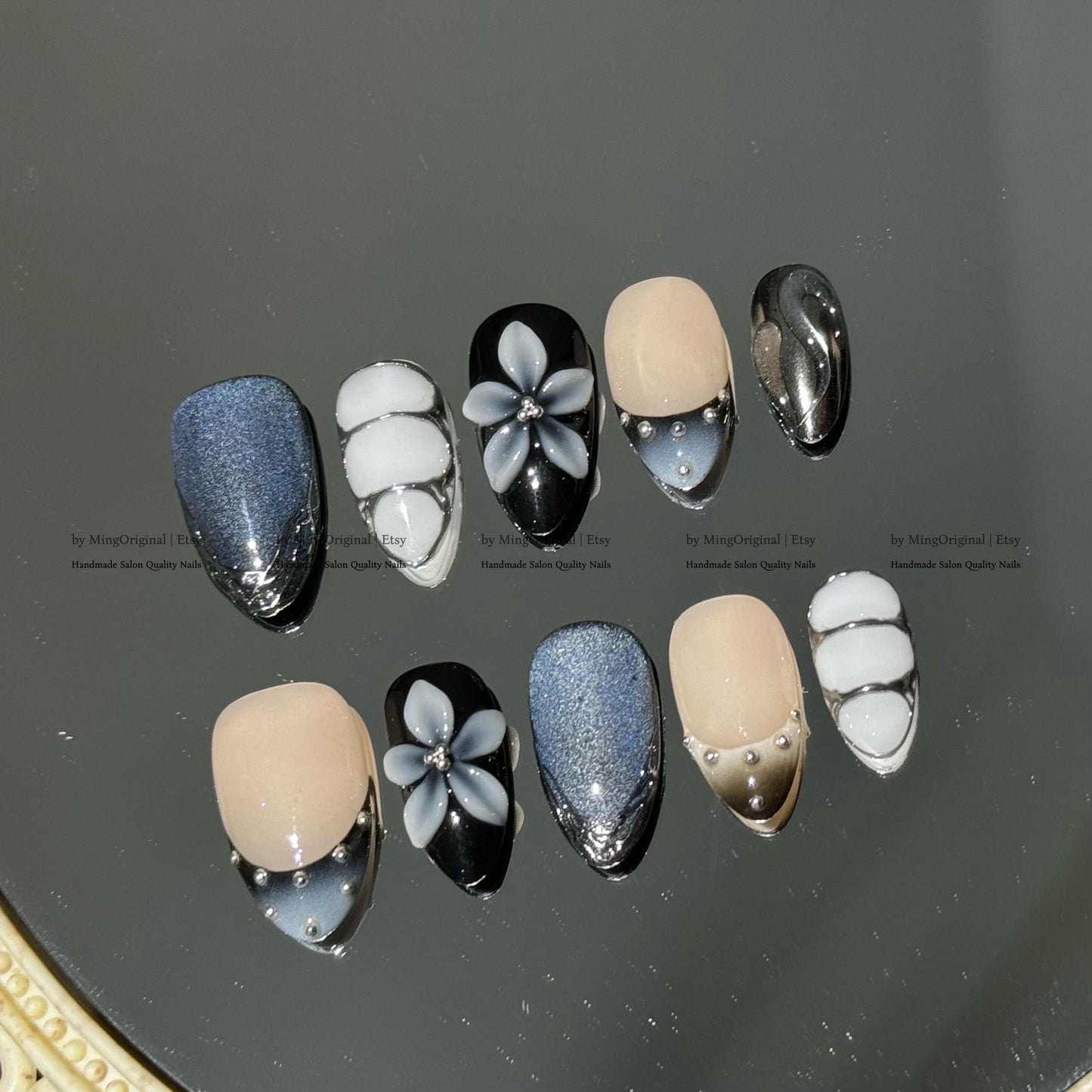Luxury 3D White Flower Press-On Nails, Blue Cat Eye, Black White Ombre, Reusable Nails, MO799