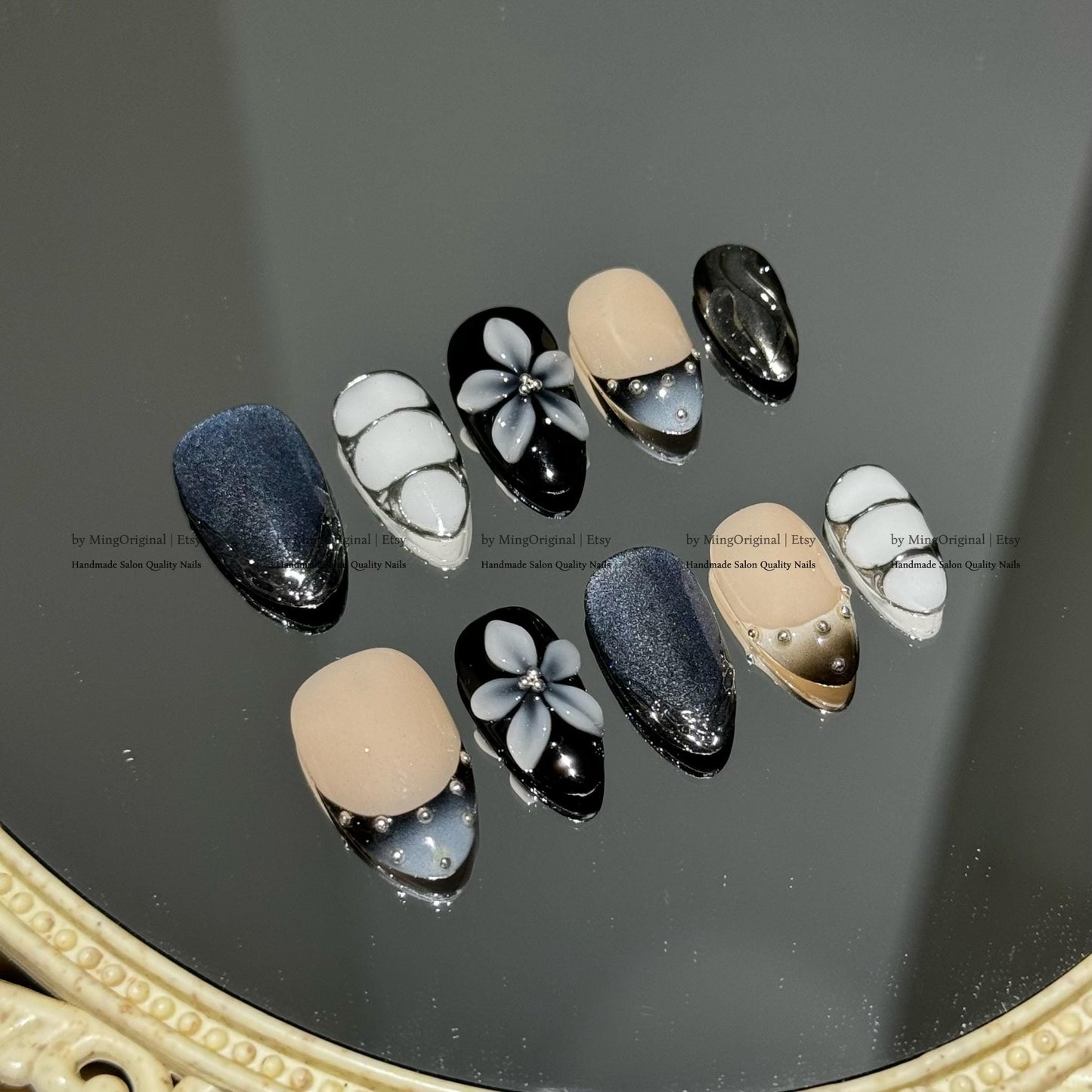 Luxury 3D White Flower Press-On Nails, Blue Cat Eye, Black White Ombre, Reusable Nails, MO799