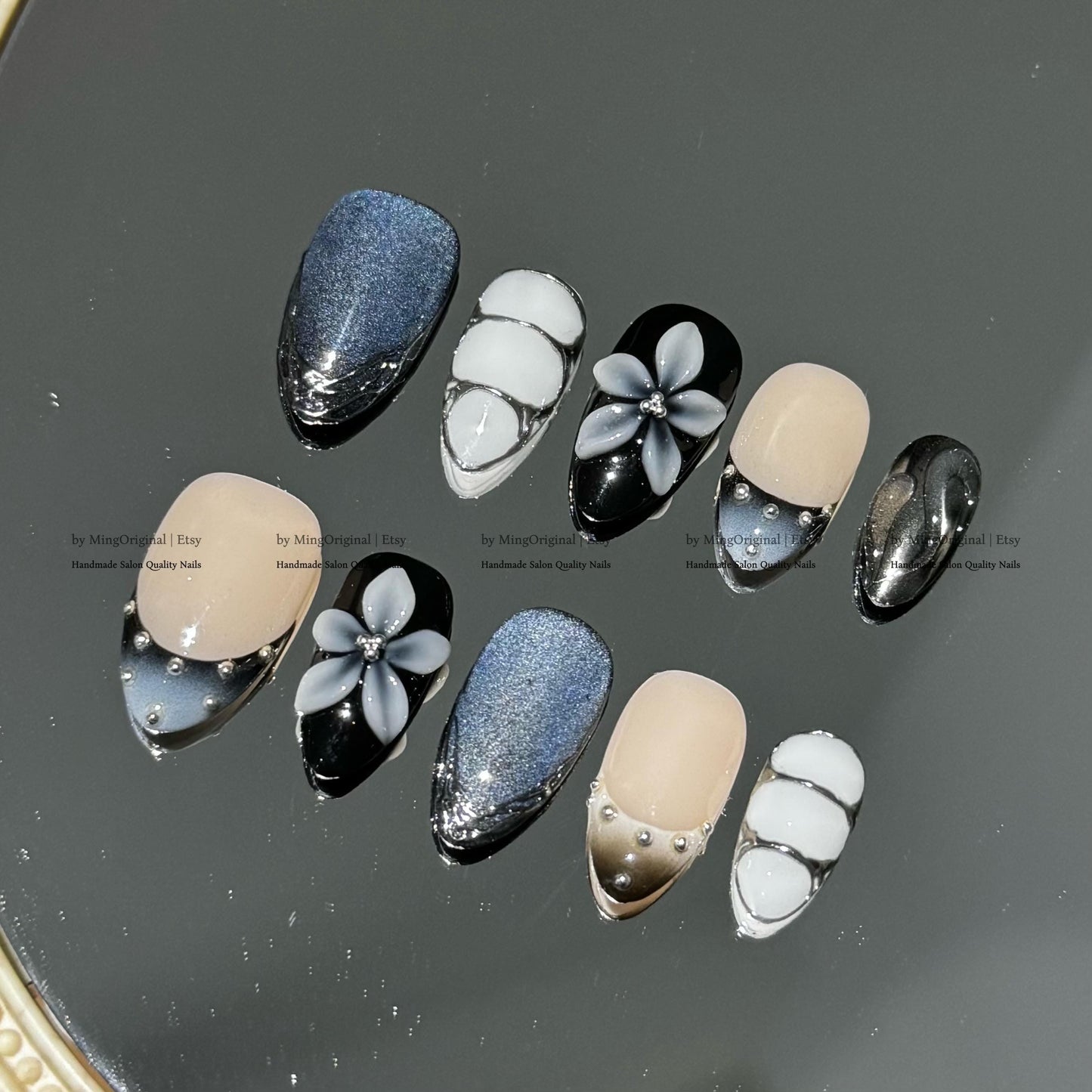 Luxury 3D White Flower Press-On Nails, Blue Cat Eye, Black White Ombre, Reusable Nails, MO799
