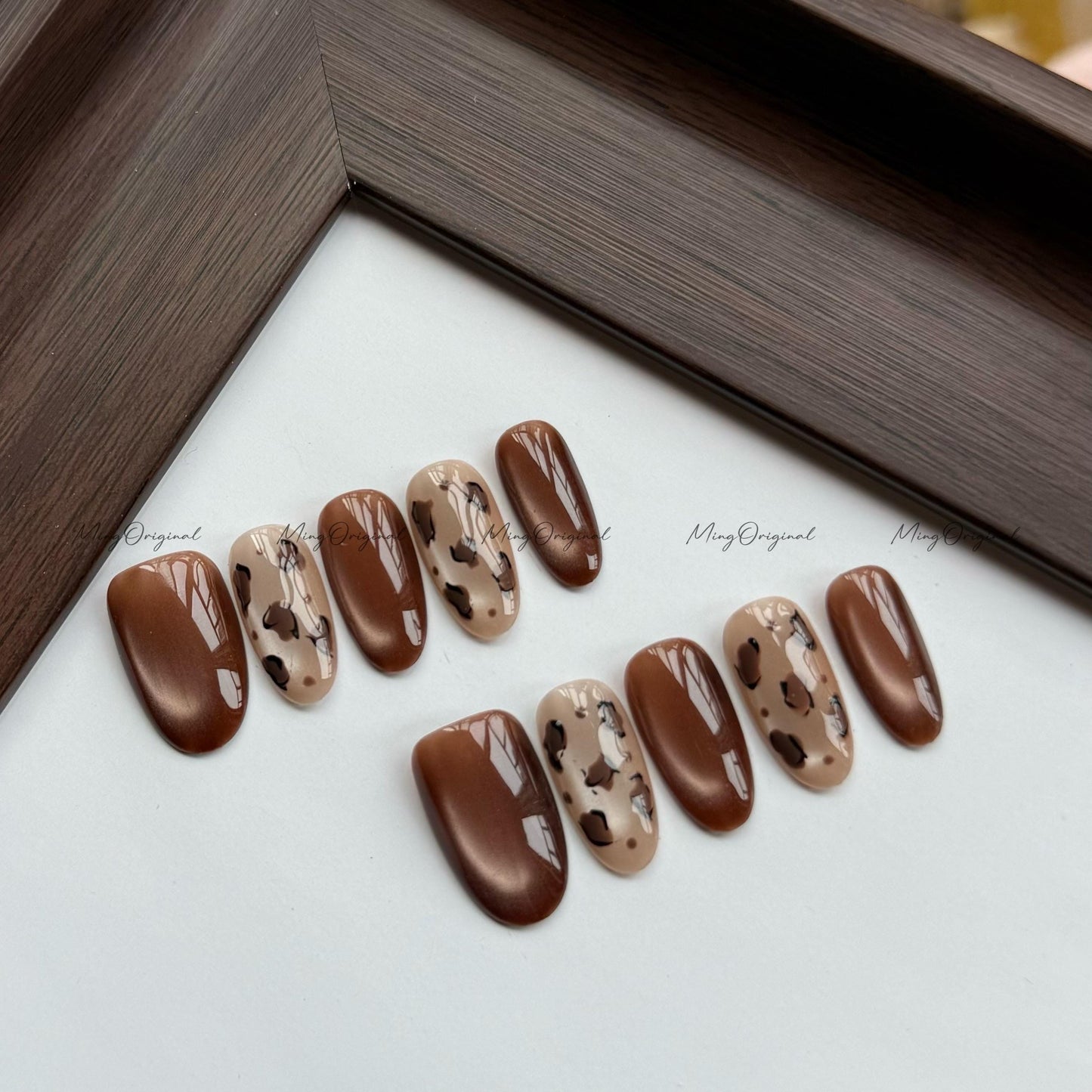 Minimalist Mocha Latte press on nails, chocolate brown leopard prints on cat eye nail, elegant nail, glue on nail,MO800