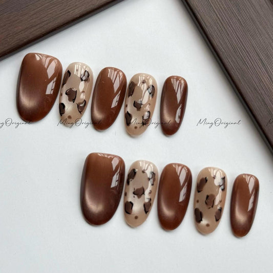 Minimalist Mocha Latte press on nails, chocolate brown leopard prints on cat eye nail, elegant nail, glue on nail,MO800