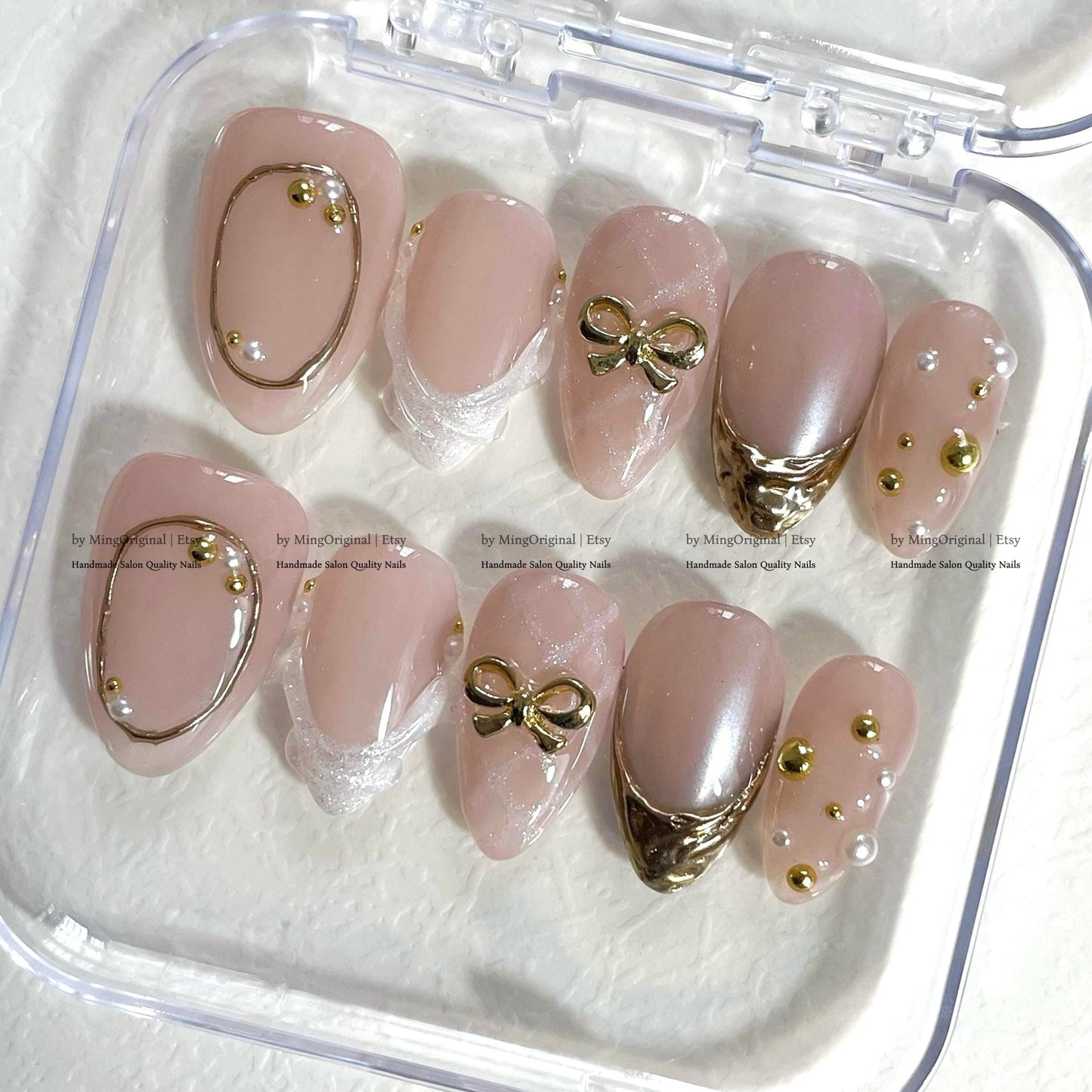 Gold french tip natural press on nail, Gold line and bow, Glittery Girly Fake nails, Handmade milky jelly nail, gift for her, MO801
