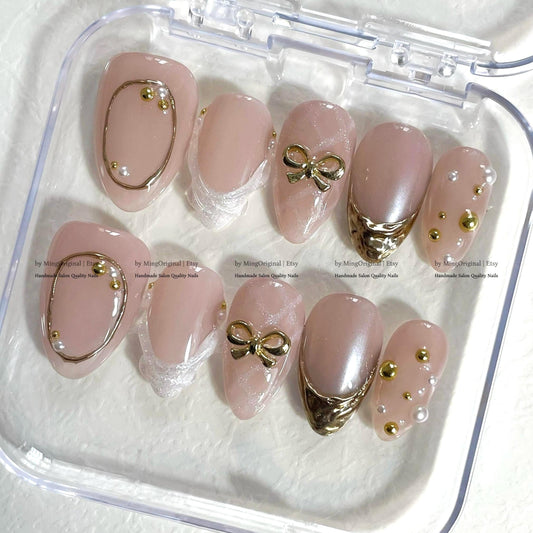 Gold french tip natural press on nail, Gold line and bow, Glittery Girly Fake nails, Handmade milky jelly nail, gift for her, MO801