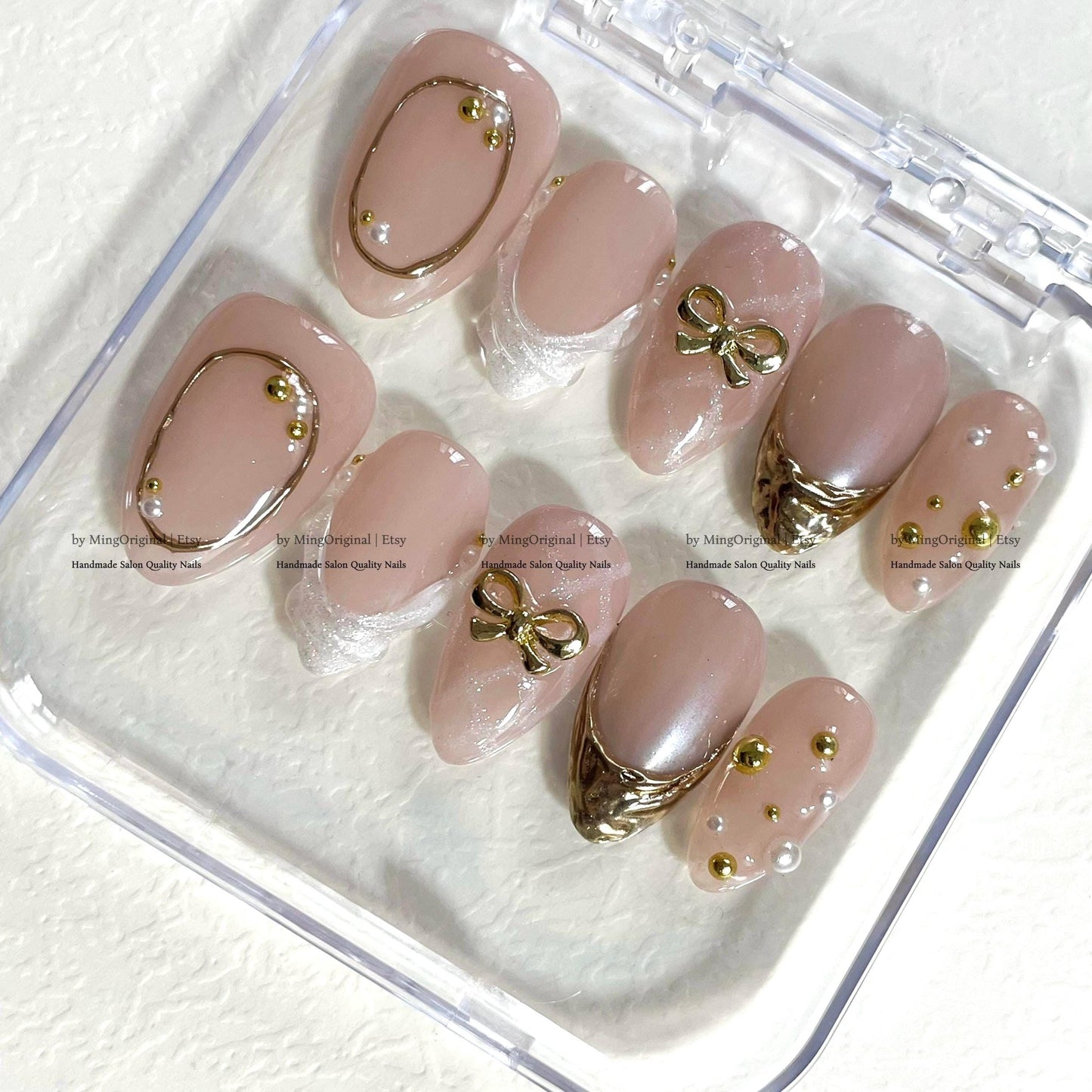 Gold french tip natural press on nail, Gold line and bow, Glittery Girly Fake nails, Handmade milky jelly nail, gift for her, MO801