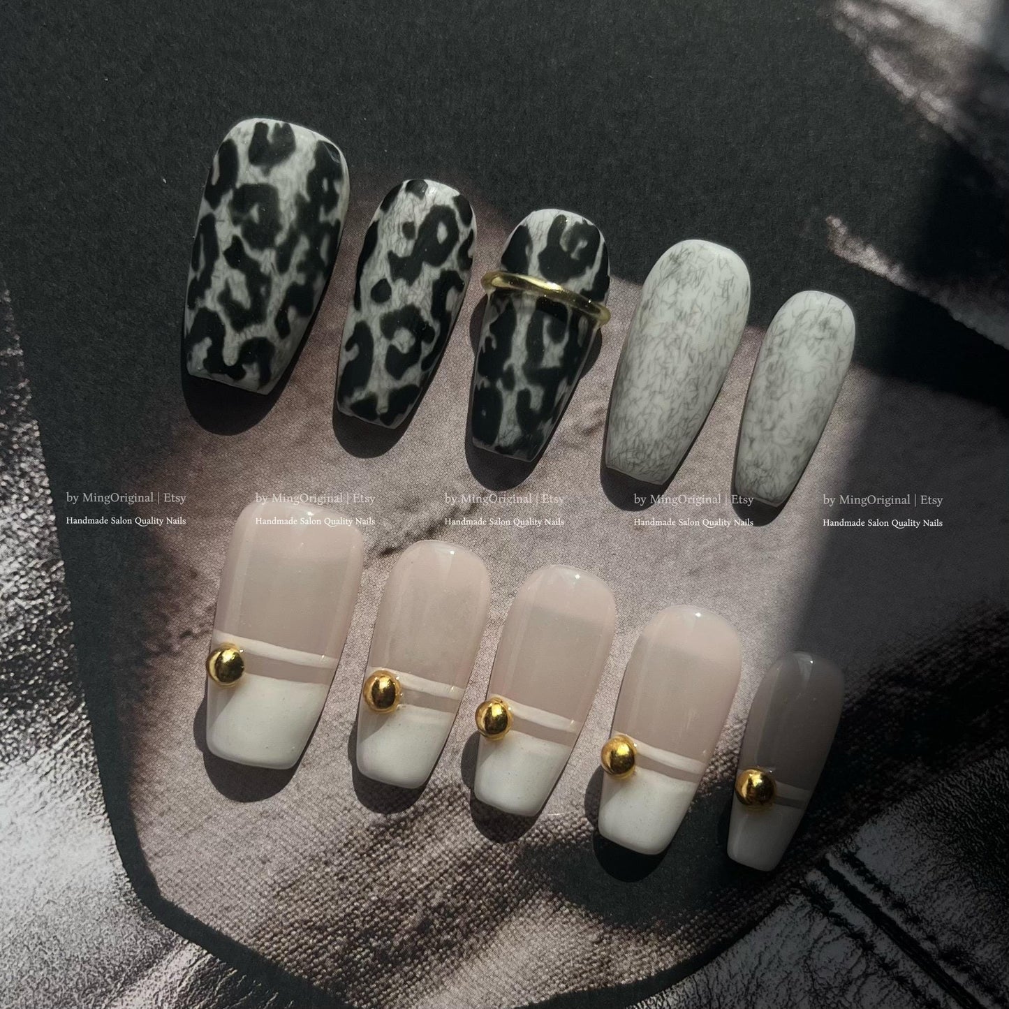 Boho Luxe Press on Nails, Black and white leopard print, bold statement nail, Modern French Tip Nude and Gold Accent MO802