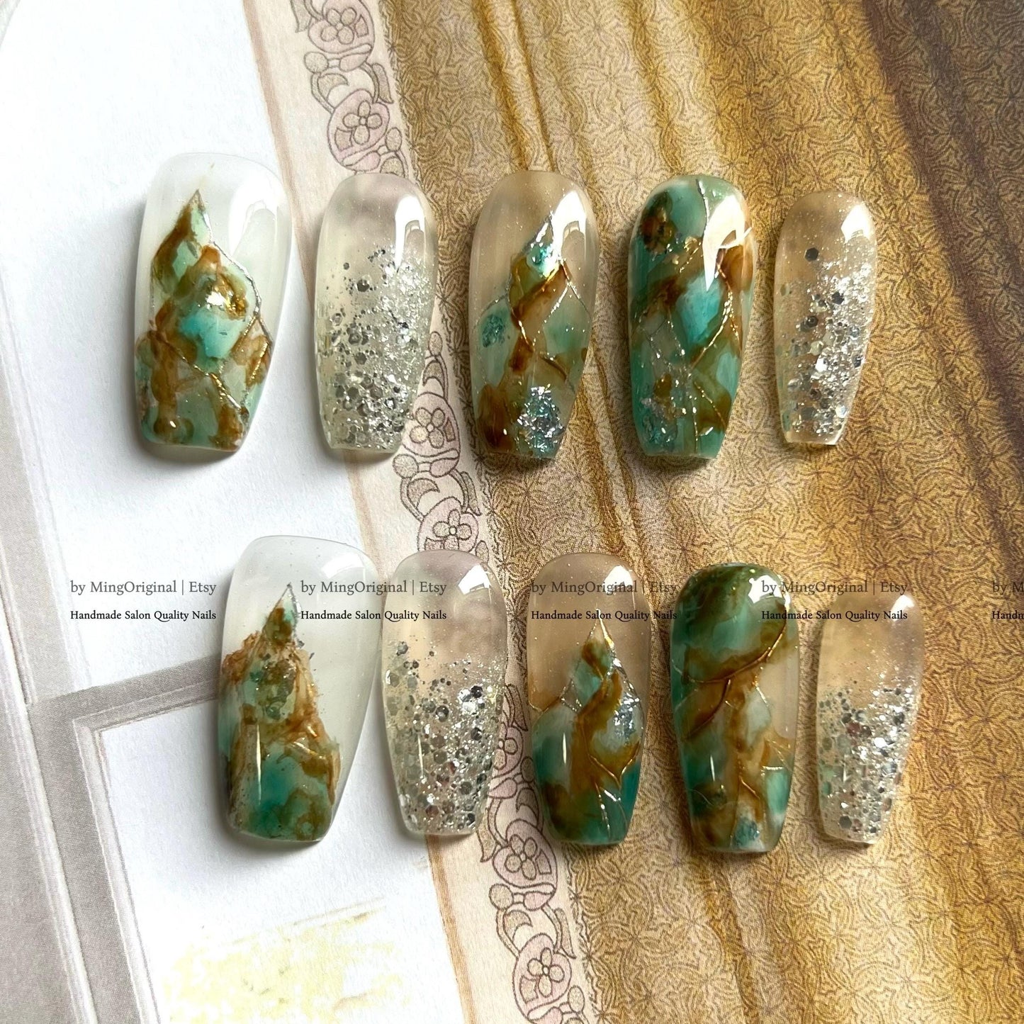 Green & Brown Marble Press On Nails, Silver Glitter Accent, Blending Quartz Stone, MO776