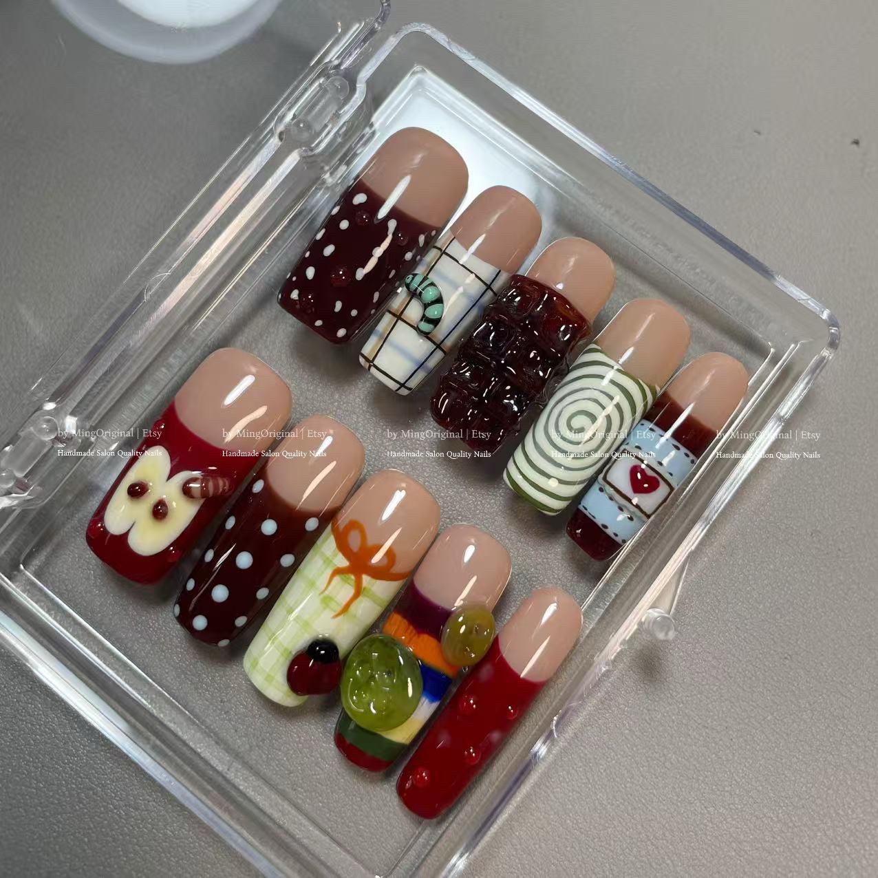 Apple Twee Plaid Picnic Fruit Lover press on nails,Fresh Look Gingham Accent, Kawaii 3D Food Art, Novelty Cute Dessert Nails, MO803