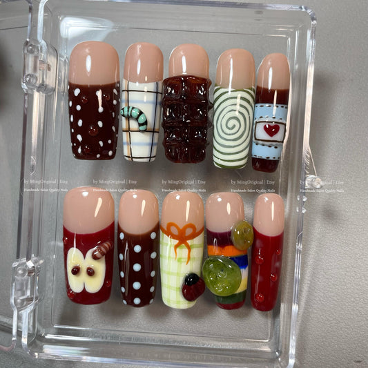 Apple Twee Plaid Picnic Fruit Lover press on nails,Fresh Look Gingham Accent, Kawaii 3D Food Art, Novelty Cute Dessert Nails, MO803