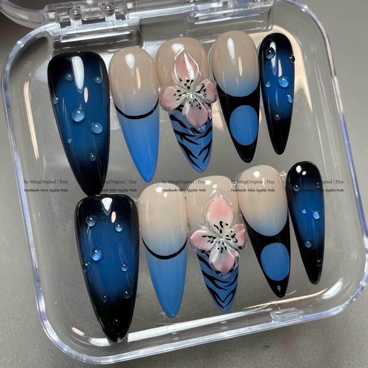 Blue Ombre Press On Nails, 3D Cherry Blossom Floral Art, Water Droplet Long Stiletto Fake Nails, Leopard Print Design, MO804