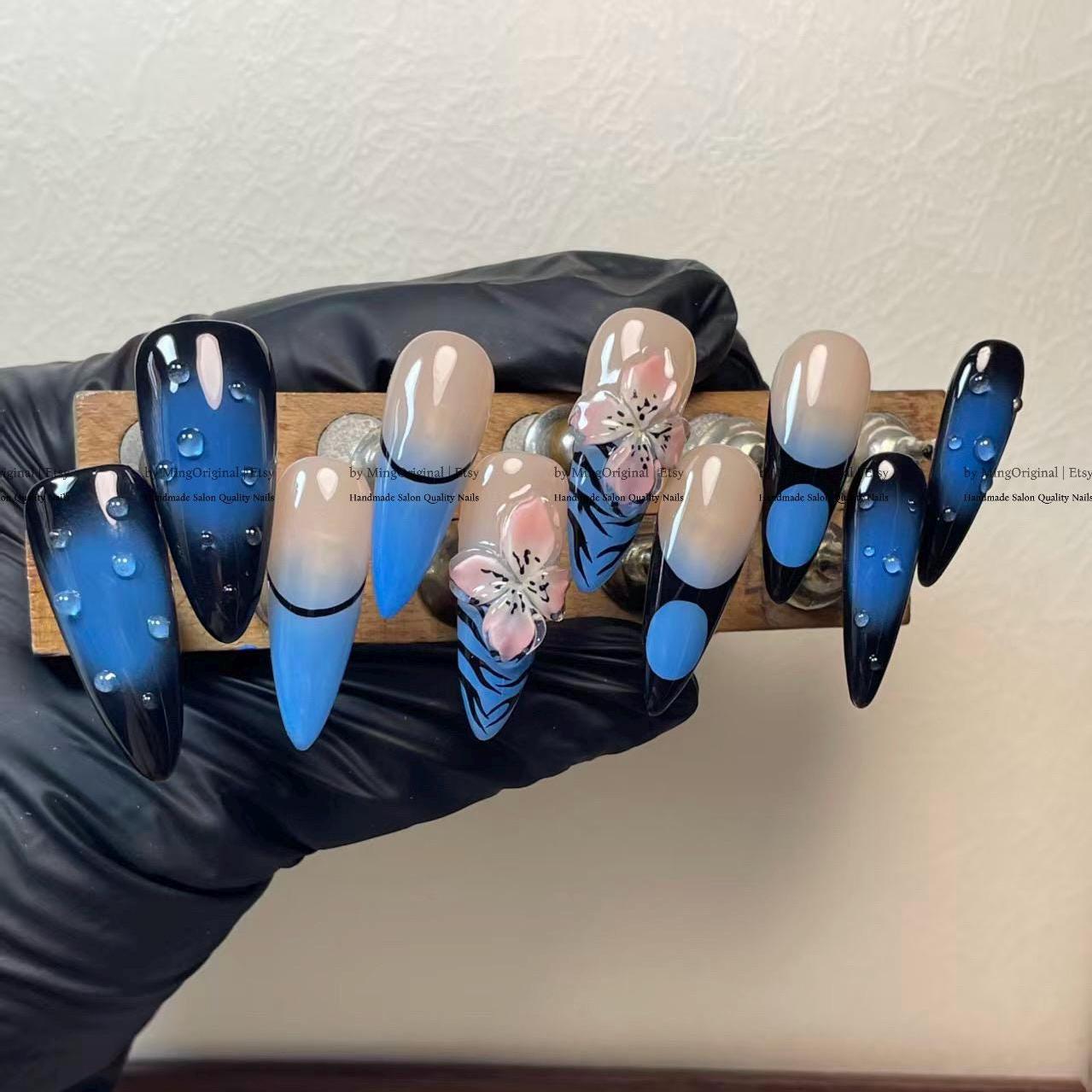 Blue Ombre Press On Nails, 3D Cherry Blossom Floral Art, Water Droplet Long Stiletto Fake Nails, Leopard Print Design, MO804