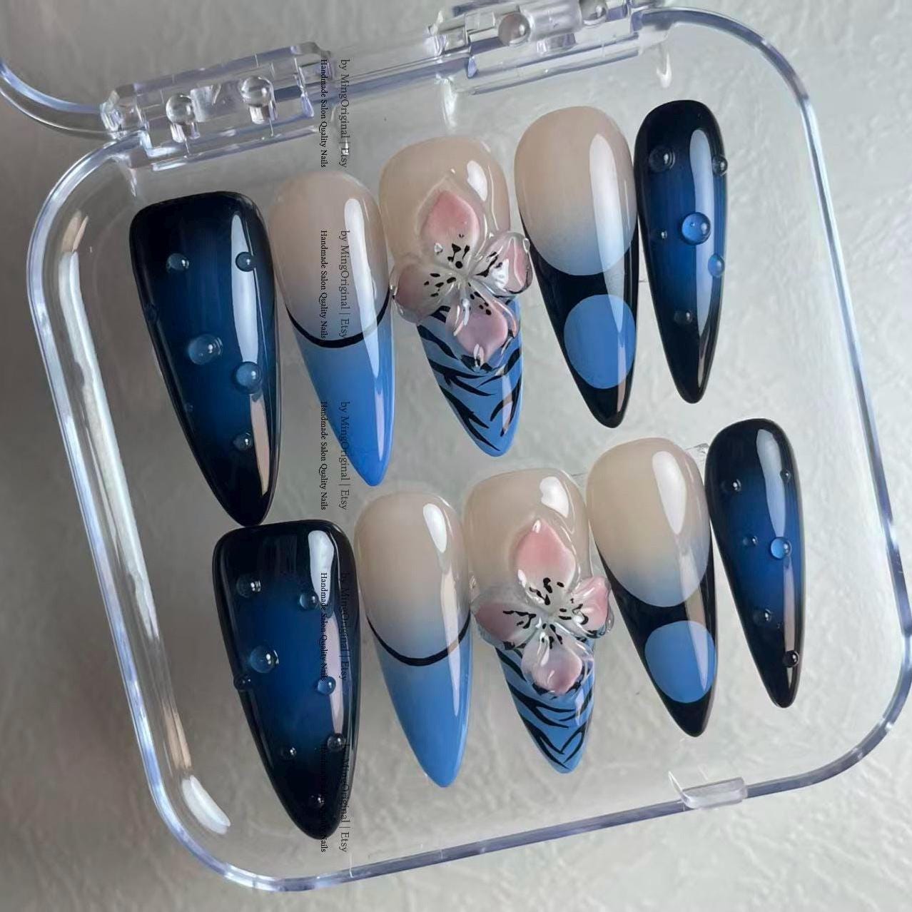 Blue Ombre Press On Nails, 3D Cherry Blossom Floral Art, Water Droplet Long Stiletto Fake Nails, Leopard Print Design, MO804