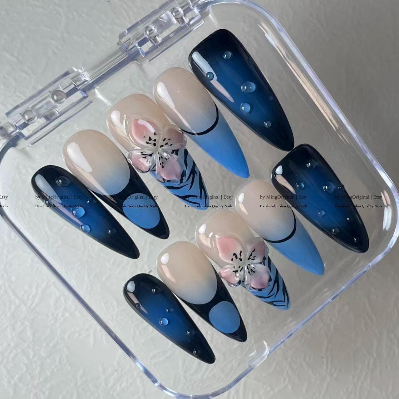 Blue Ombre Press On Nails, 3D Cherry Blossom Floral Art, Water Droplet Long Stiletto Fake Nails, Leopard Print Design, MO804