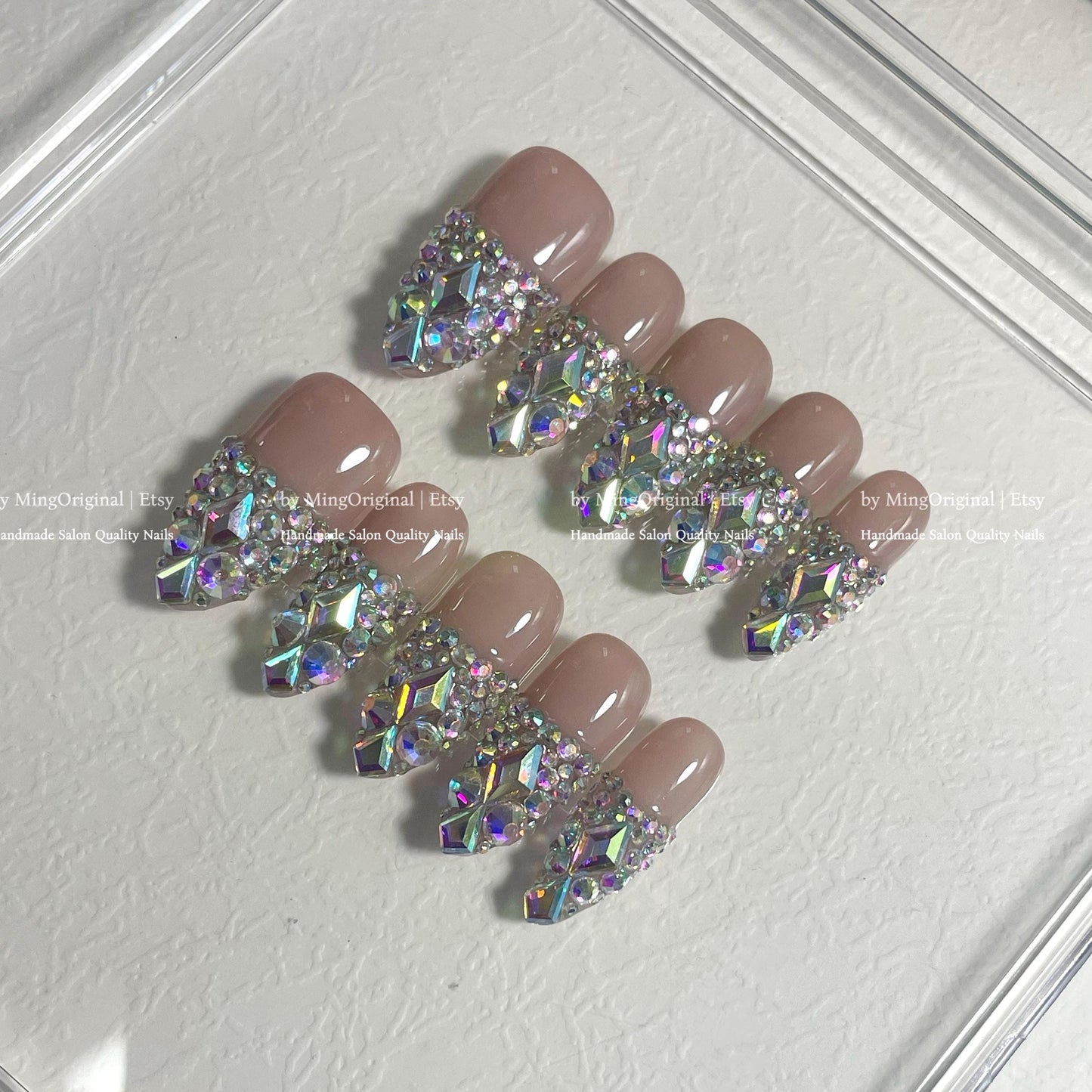 Nude Rhinestone Press-On Nails, Handmade Jewel Tip Nail Art, Diamond Crystal AB Stone Embellishments, French Tip, MO778