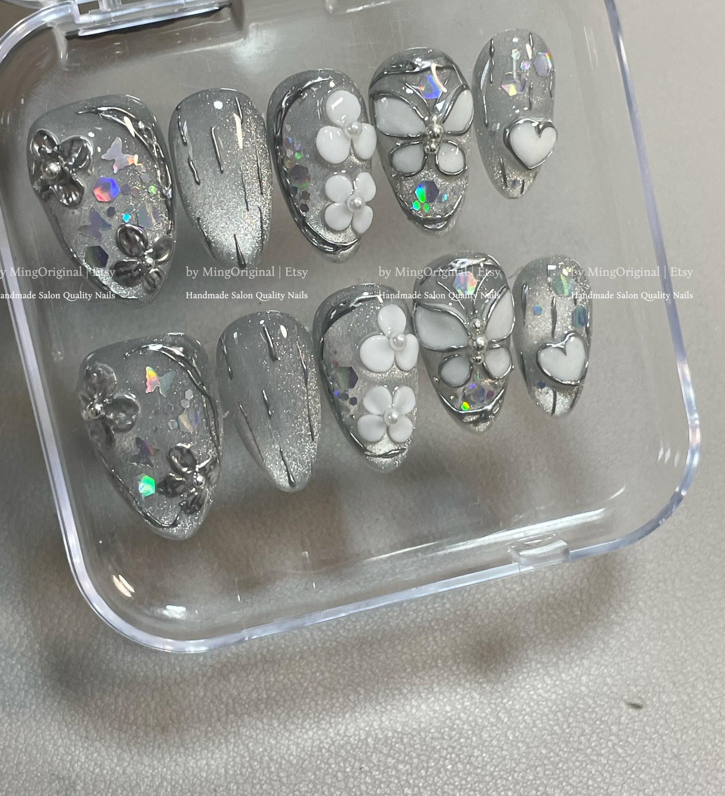 Silver 3D Press-On Nails, Handmade Nail Art with Flowers, Hearts & Butterflies, MO779