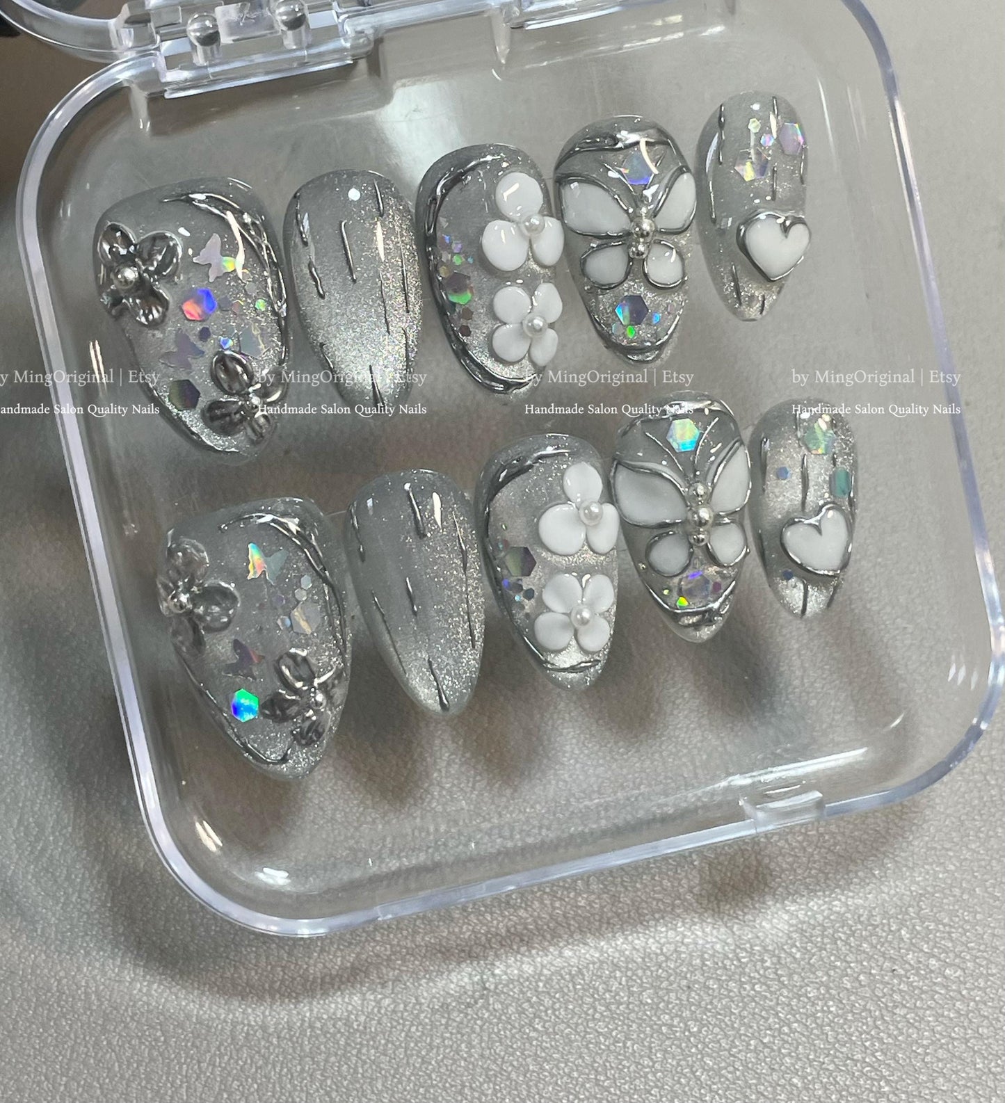 Silver 3D Press-On Nails, Handmade Nail Art with Flowers, Hearts & Butterflies, MO779