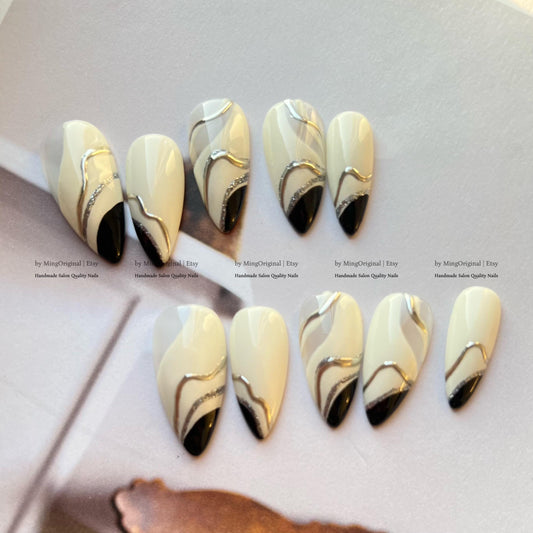 Cream White Abstract Swirl Press On Nails, Silver Chrome Black Minimalist Fake Nails, MO805
