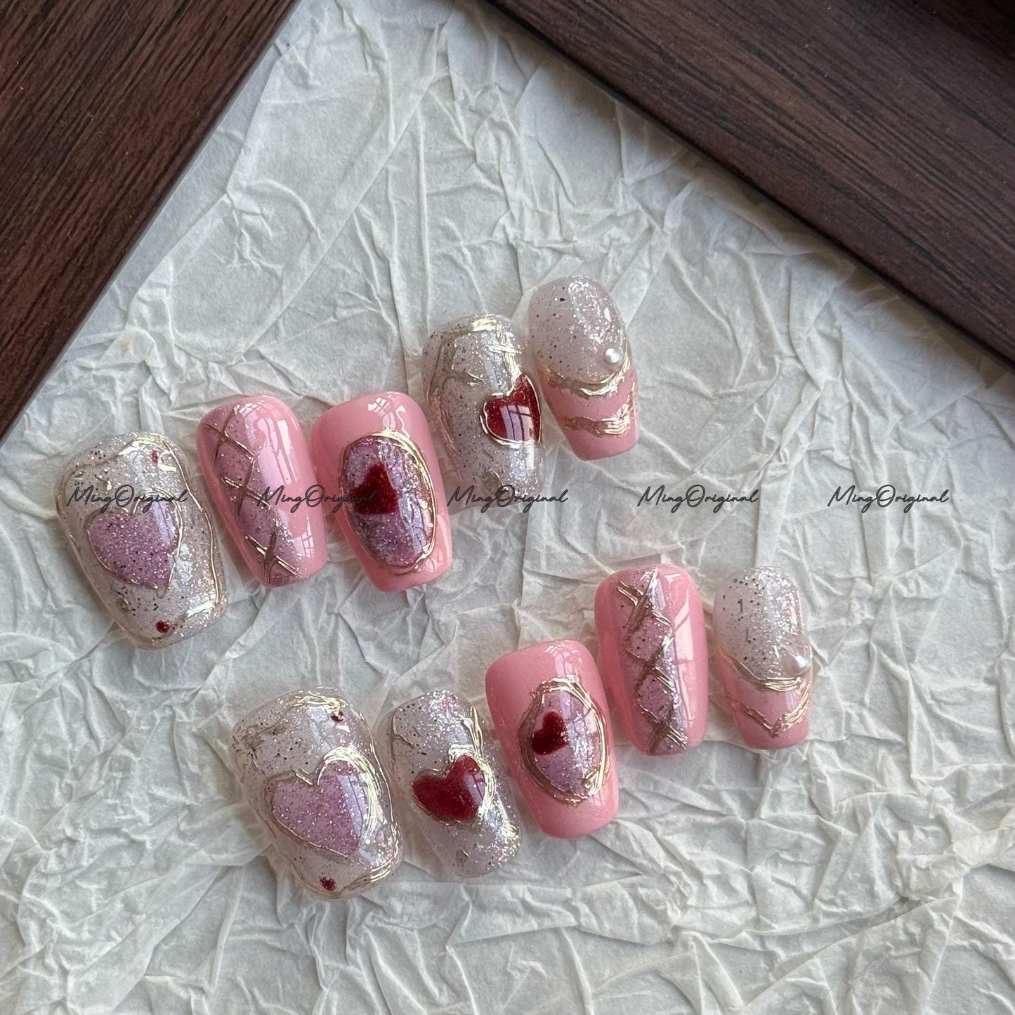 Coquette Pink Heart Press On Nails, Romantic Valentine's Day 3D Gold Ribbon Nails, Sparkly Glitter Luxury Fake Nails, MO806
