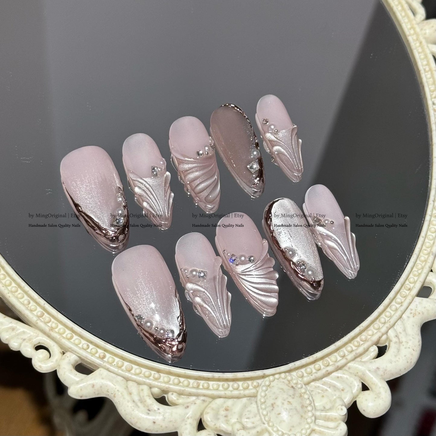 Luxury Mermaid Press-On Nails, Handmade Pink 3D Jewel Nail Art with Pearls & Rhinestones, MO781