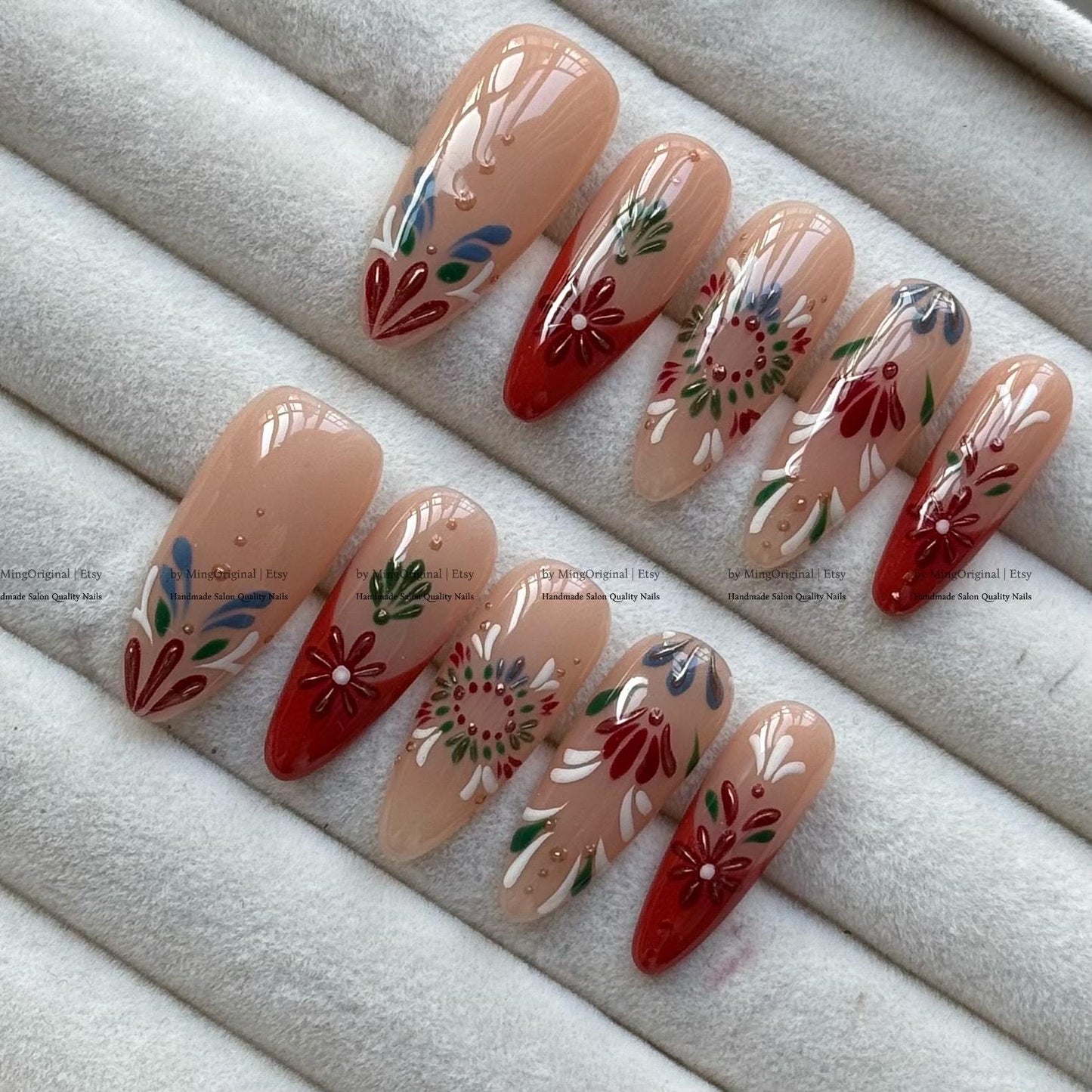 Boho Press-On Nails, Red & Nude Hand-Painted Nail Art, Luxurious Design, MO782