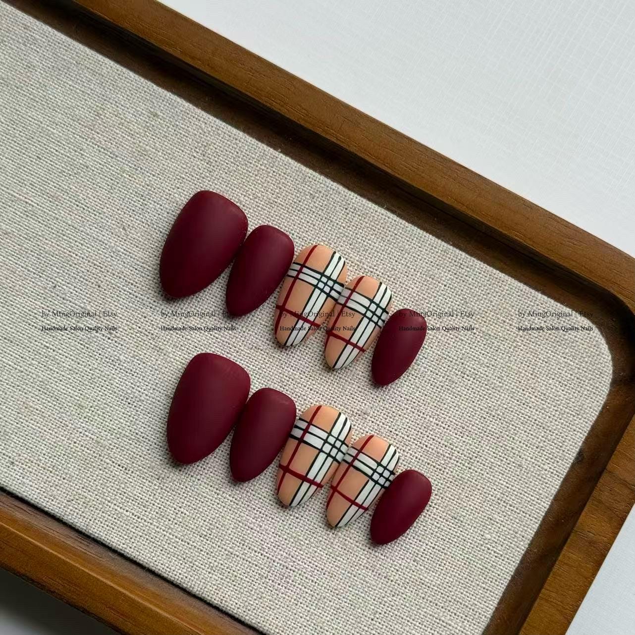 Matte Burgundy Plaid Press On Nails, Classic Tartan British Style Fake Nails, Old Money Aesthetic Autumn Winter Nails,MO807