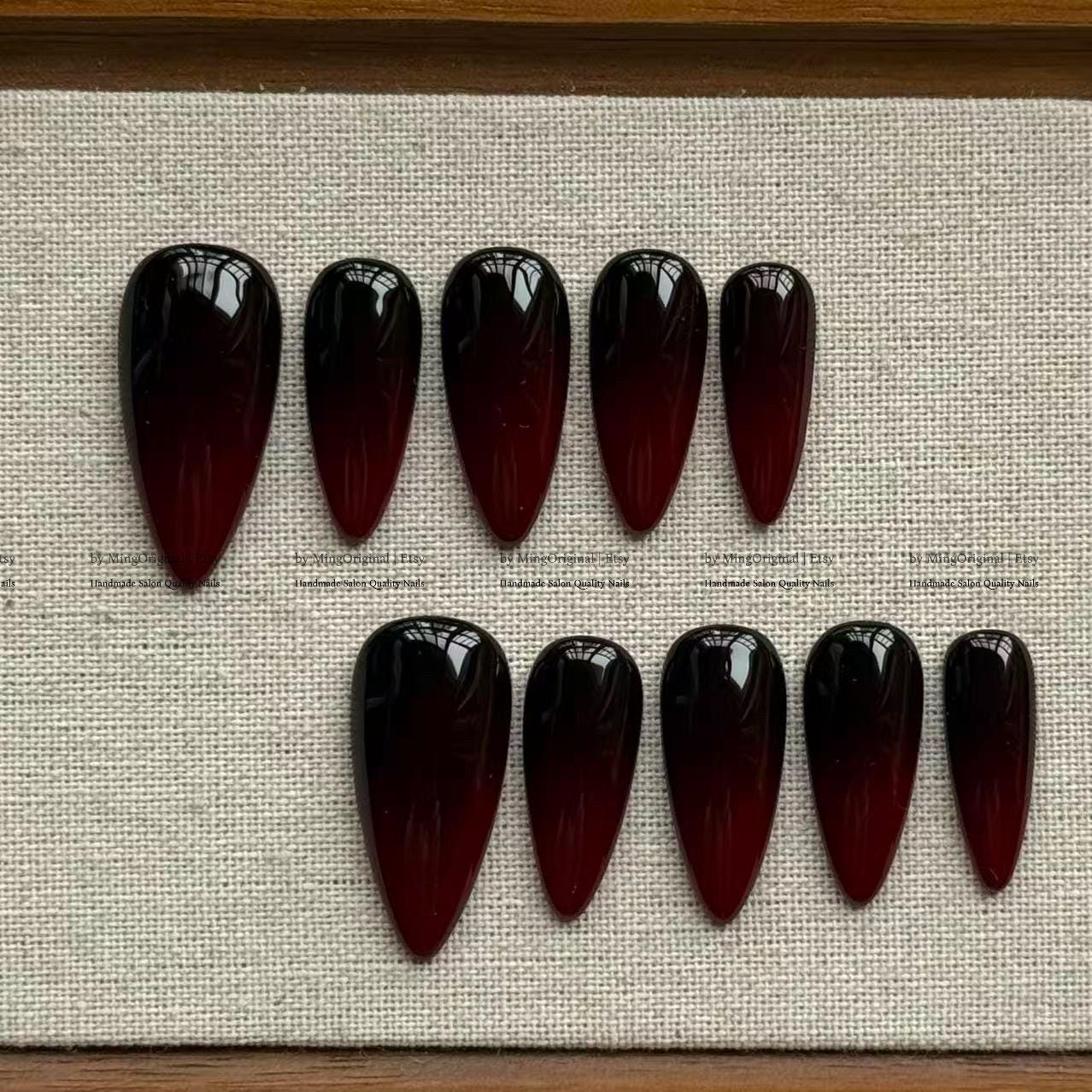 Black Burgundy Ombre Press On Nails, Dark Vampire Red Gradient Nails, Glossy Gothic Luxury Fake Nails, MO808