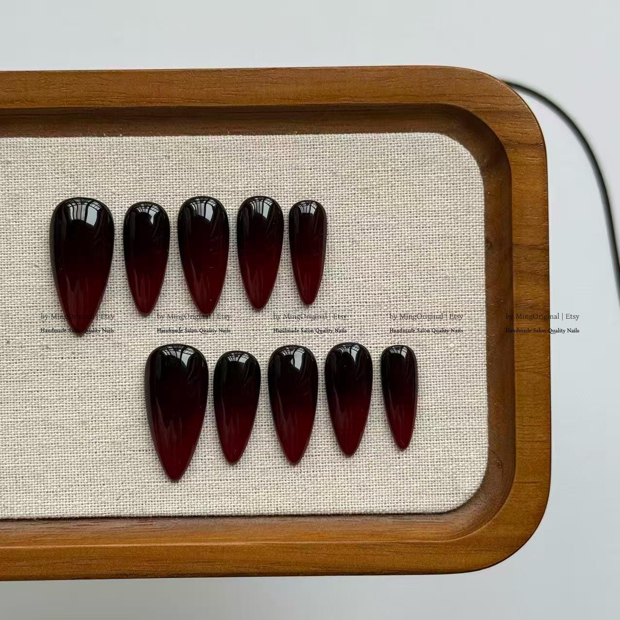 Black Burgundy Ombre Press On Nails, Dark Vampire Red Gradient Nails, Glossy Gothic Luxury Fake Nails, MO808