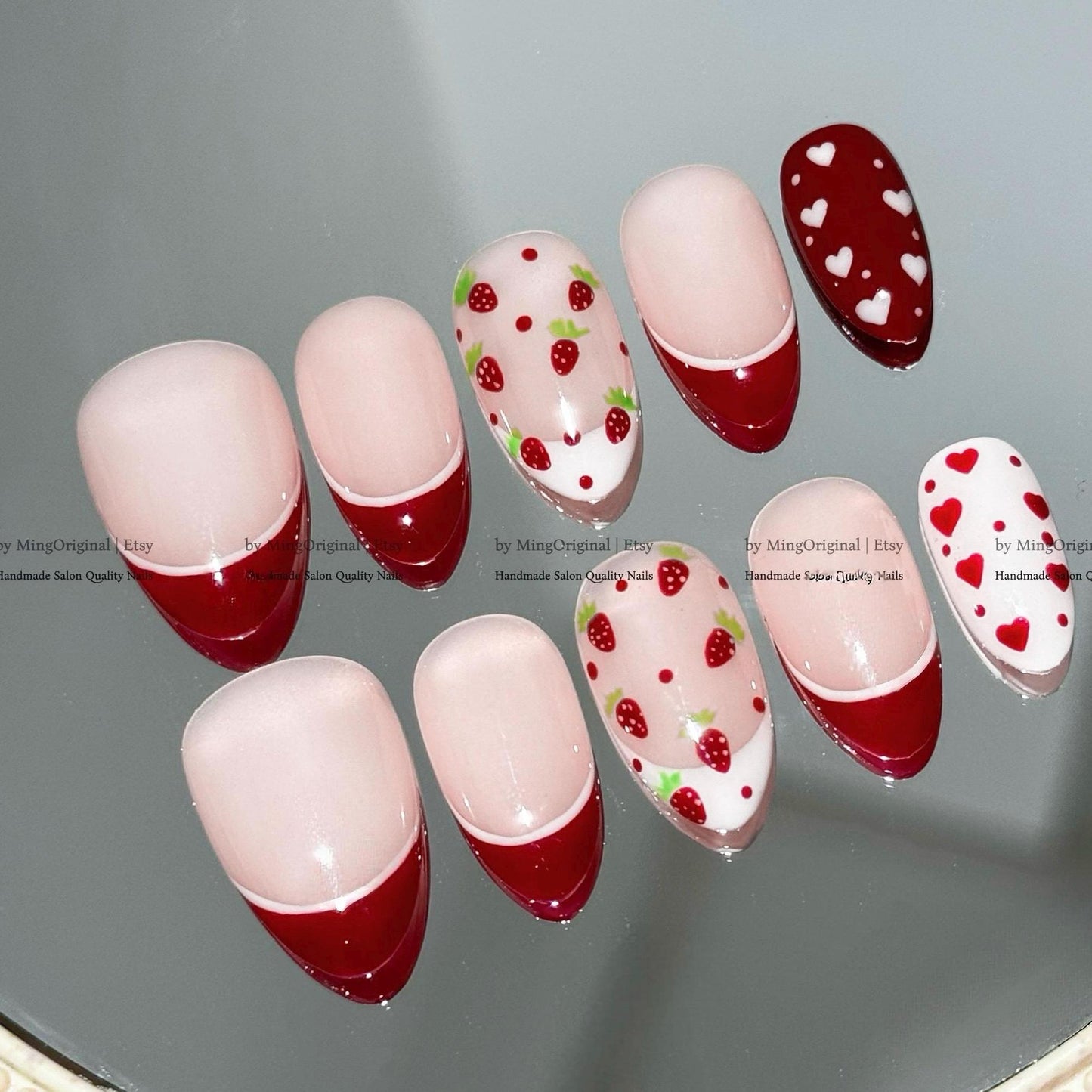 Valentine bow coquette French Tip Nail , handpainted glitter heart press on nails, Gifts for Her
