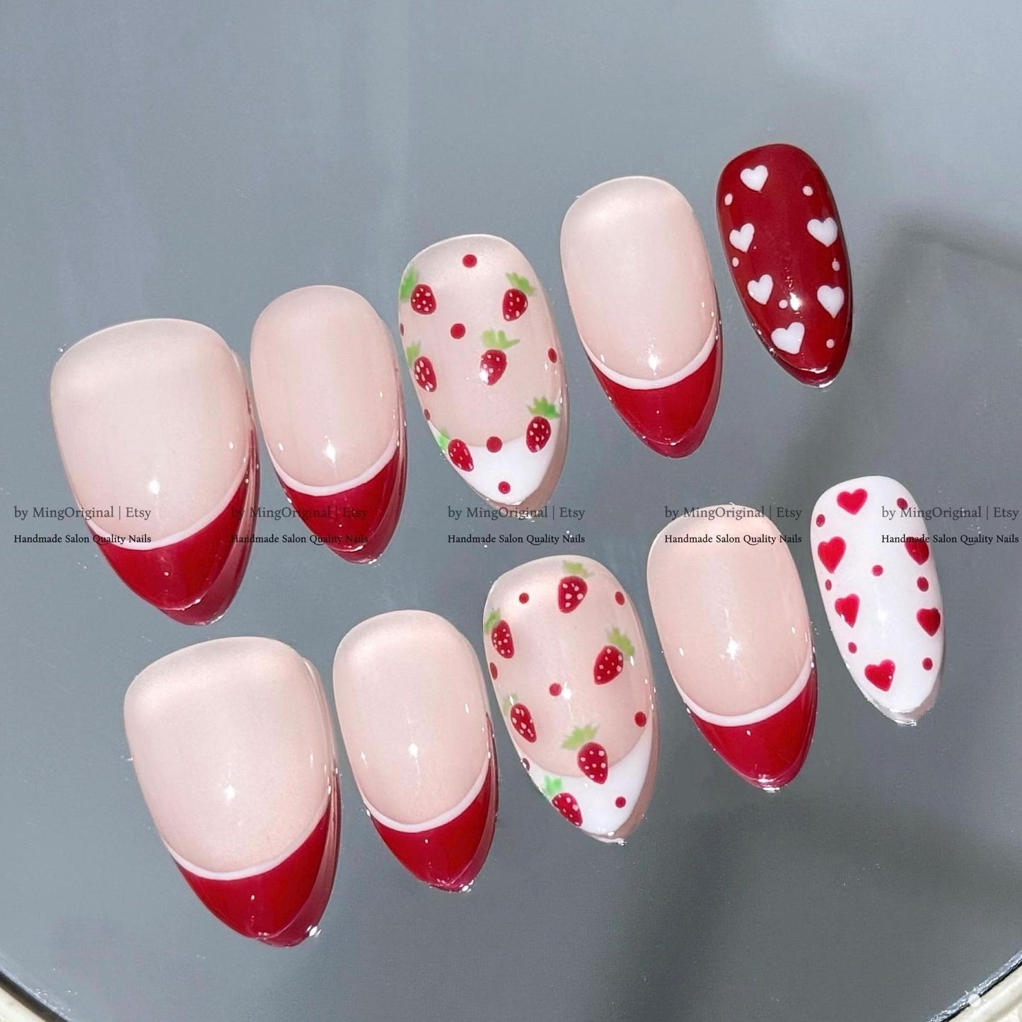 Valentine bow coquette French Tip Nail , handpainted glitter heart press on nails, Gifts for Her