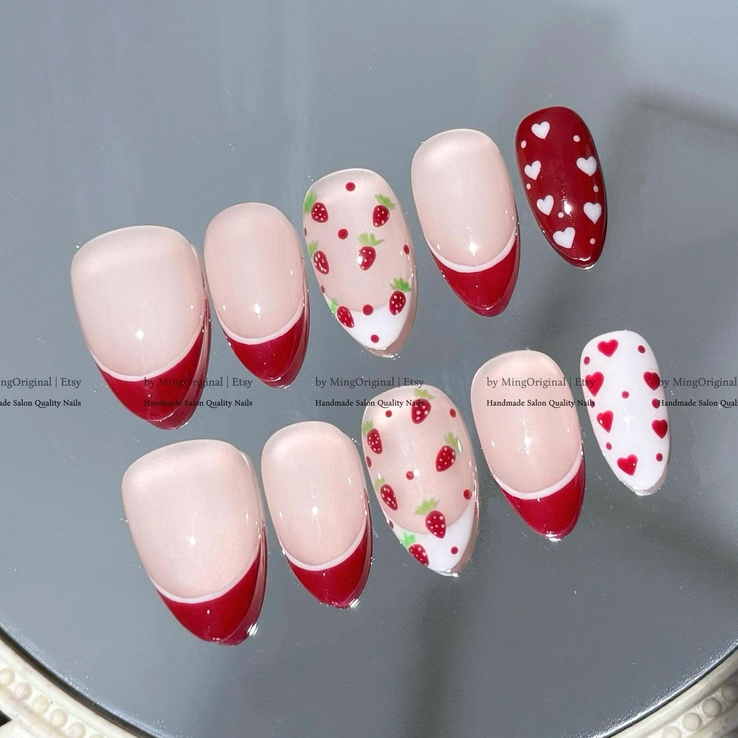 Valentine bow coquette French Tip Nail , handpainted glitter heart press on nails, Gifts for Her