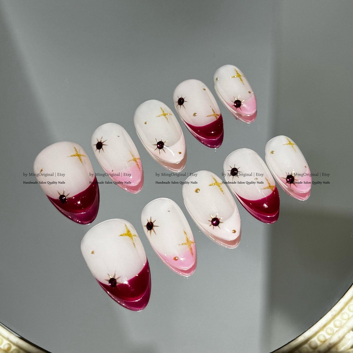 Y2K Pink French Tip Press On Nails, Celestial Gold Star Art Nails, Mystic Starry Night Luxury Fake Nails, MO810