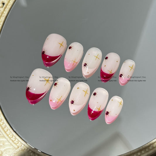 Y2K Pink French Tip Press On Nails, Celestial Gold Star Art Nails, Mystic Starry Night Luxury Fake Nails, MO810