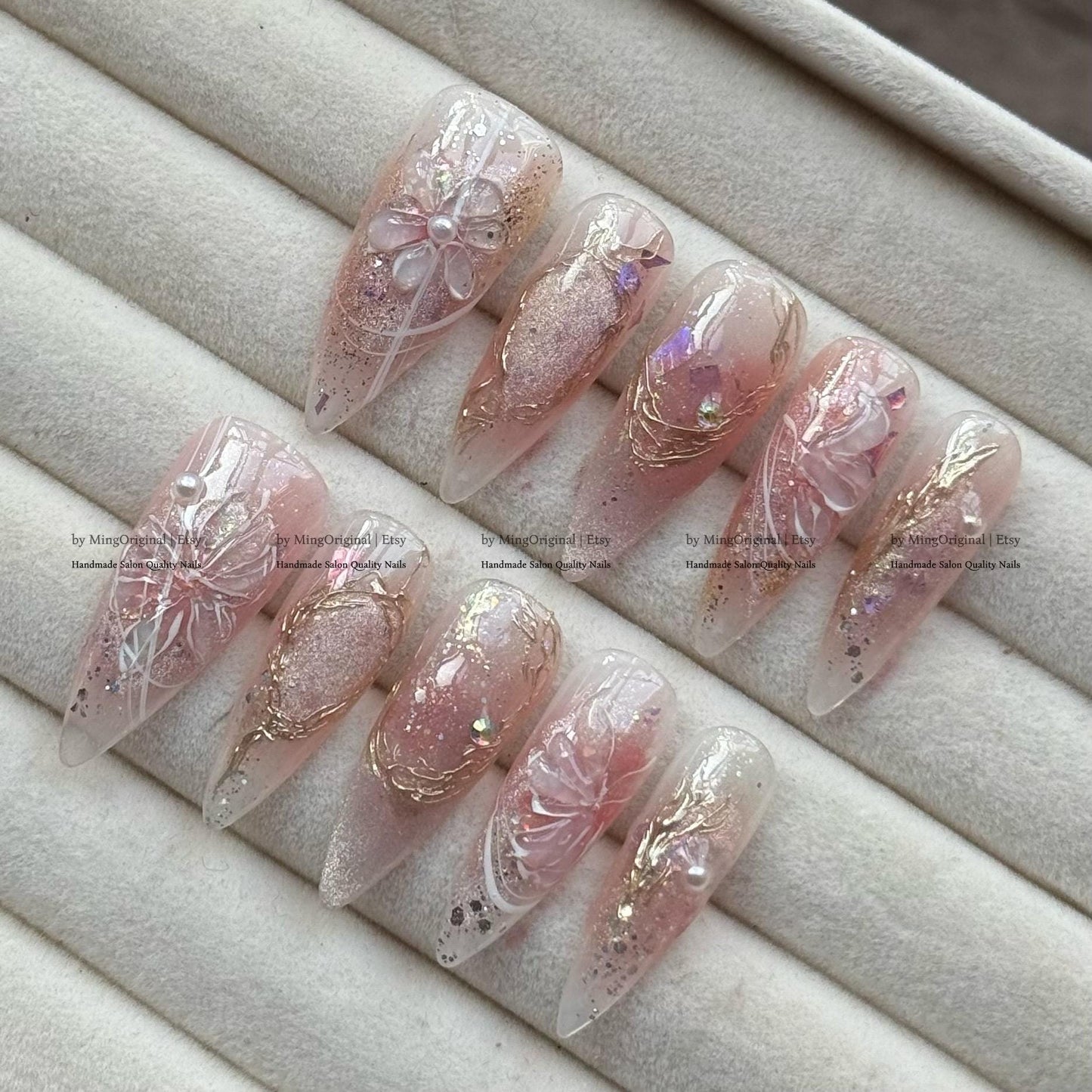 Romantic Fairy Press-On Nails, Handmade 3D Nail Art with Pearls, Crystals Dreamy Details, gold foil accents ethereal design, MO785