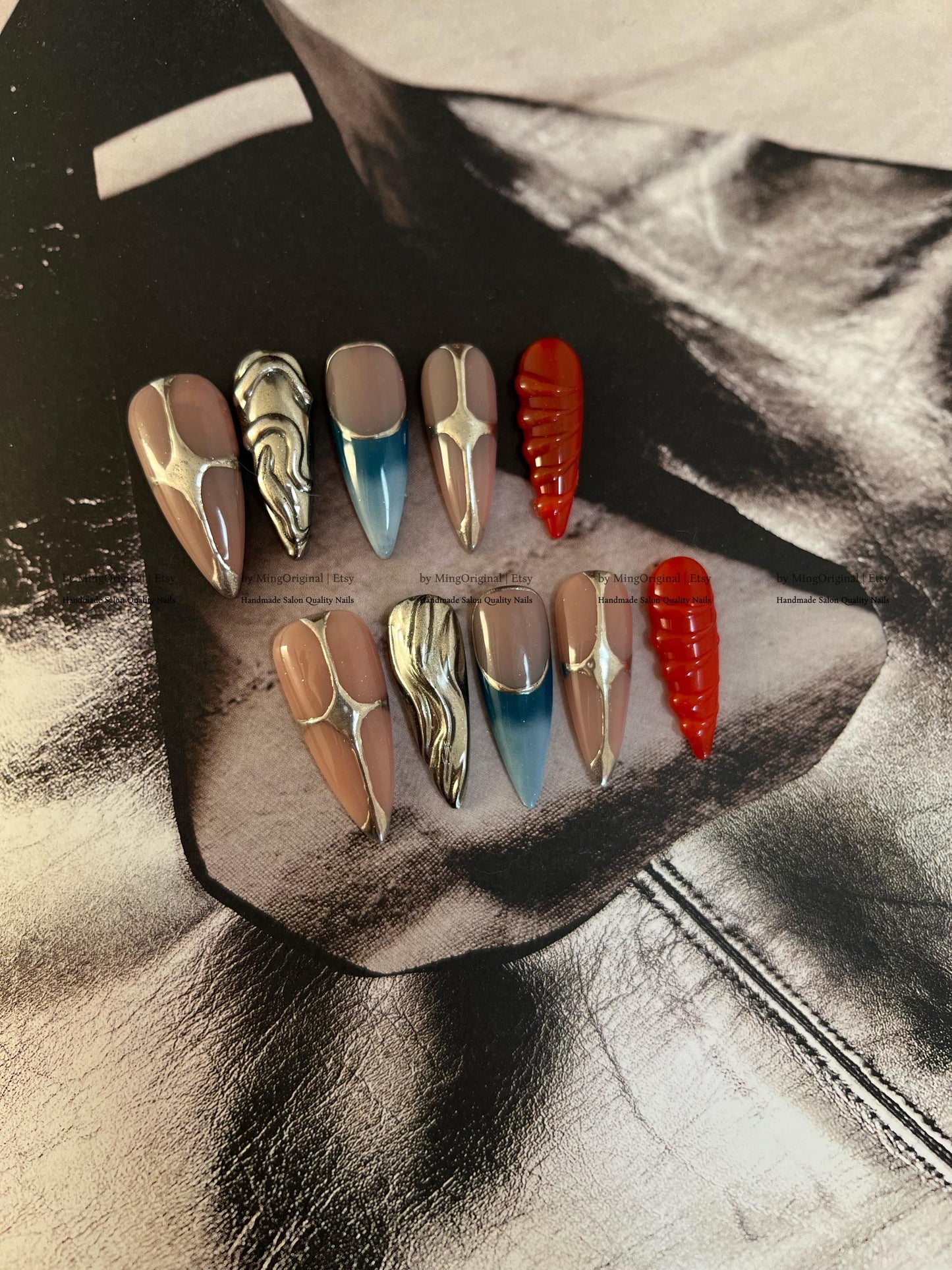 Cybercore Chrome Press On Nails, 3D Silver Liquid Metal Nails, Red Shell Texture & Aura Blue Ombre, MO811