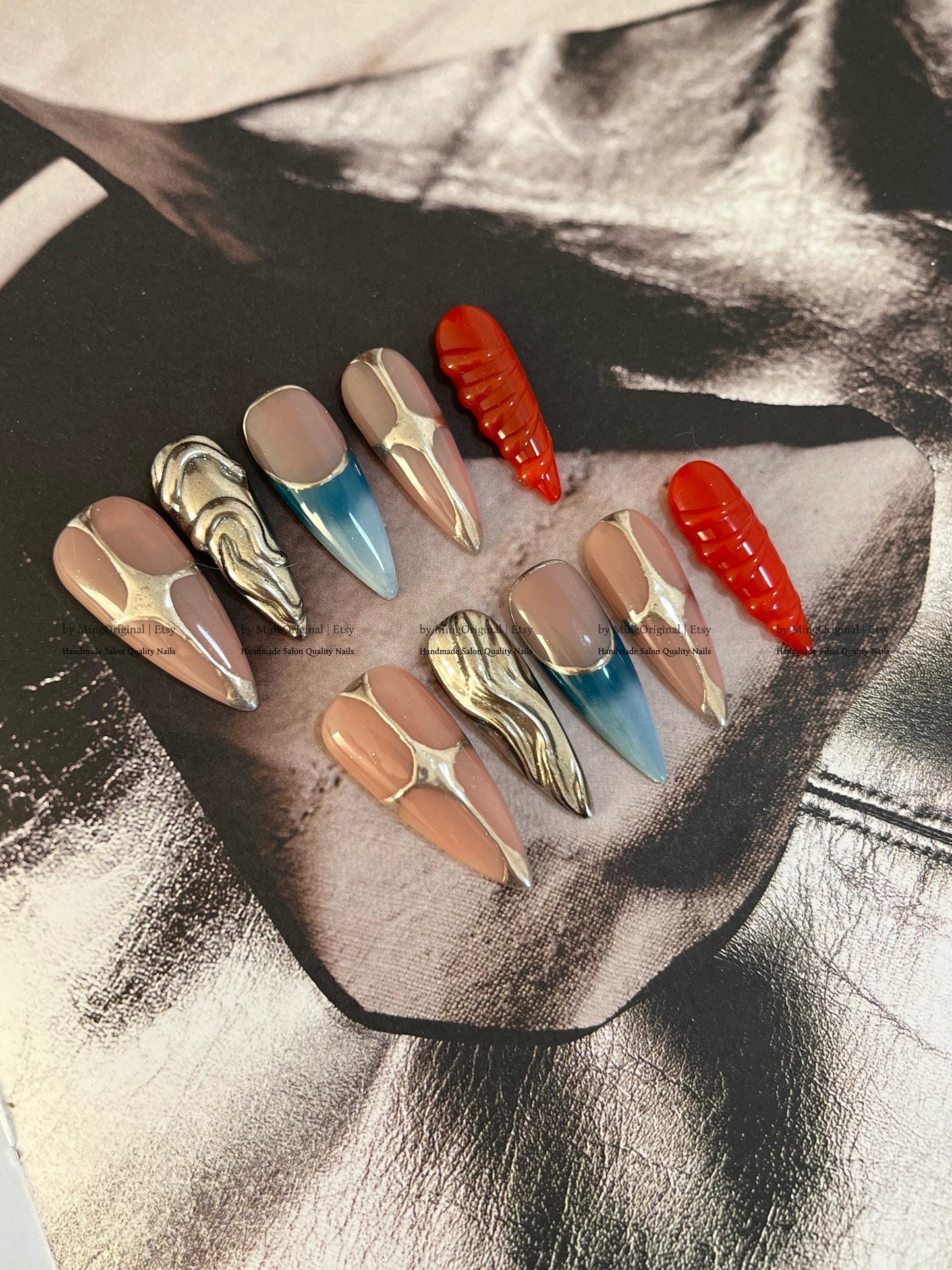 Cybercore Chrome Press On Nails, 3D Silver Liquid Metal Nails, Red Shell Texture & Aura Blue Ombre, MO811