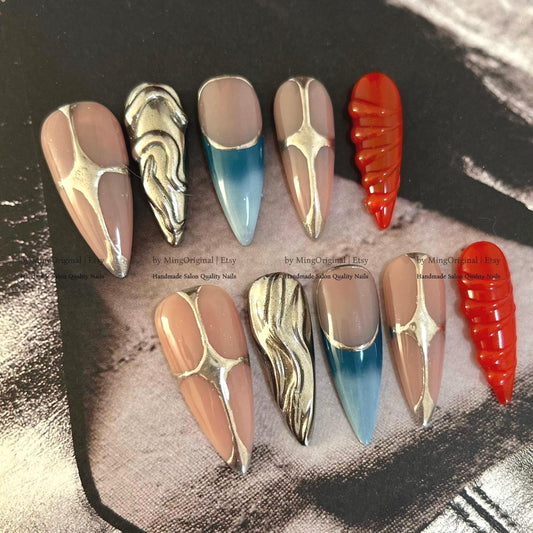 Cybercore Chrome Press On Nails, 3D Silver Liquid Metal Nails, Red Shell Texture & Aura Blue Ombre, MO811