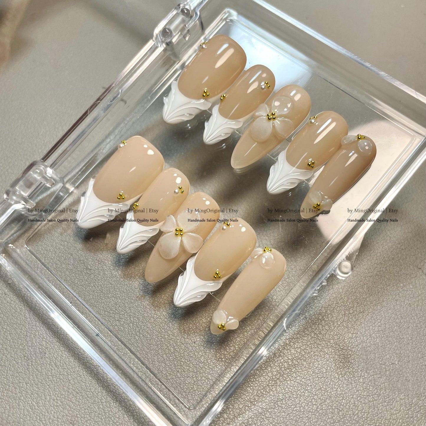 3D White French Tip Press On Nails, Elegant Bridal Wedding Nails, Nude & White Flower Fake Nails, Luxury Coquette Pearl Nails, MO812