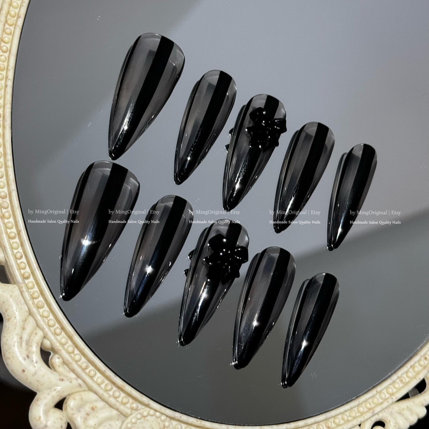 Black Press-On Nails, Handmade Glossy Nail Art with 3D Bow Minimalist Stripe Design, MO786