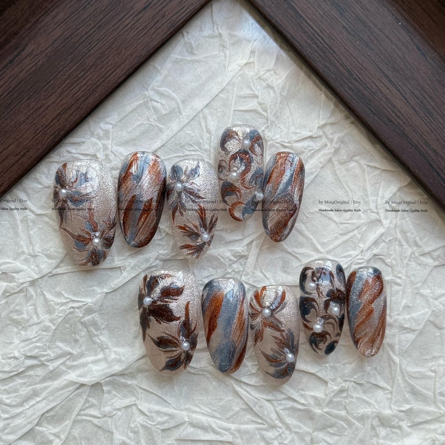 Pearl Floral Magnetic Gel Press On Nails, Brown & Silver Velvet Marble Design, Art Nail Design, MO814
