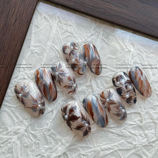 Pearl Floral Magnetic Gel Press On Nails, Brown & Silver Velvet Marble Design, Art Nail Design, MO814